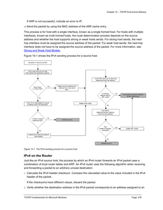 Chapter 10 – TCP/IP End-to-End Delivery
TCP/IP Fundamentals for Microsoft Windows Page: 276
If ARP is not successful, indicate an error to IP.
10.Send the packet by using the MAC address of the ARP cache entry.
This process is for host with a single interface, known as a single-homed host. For hosts with multiple
interfaces, known as multi-homed hosts, the route determination process depends on the source
address and whether the host supports strong or weak hosts sends. For strong host sends, the next-
hop interface must be assigned the source address of the packet. For weak host sends, the next-hop
interface does not have to be assigned the source address of the packet. For more information, see
Strong and Weak Host Models.
Figure 10-1 shows the IPv4 sending process for a source host.
Figure 10-1 The IPv4 sending process for a source host
IPv4 on the Router
Just like an IPv4 source host, the process by which an IPv4 router forwards an IPv4 packet uses a
combination of local router tables and ARP. An IPv4 router uses the following algorithm when receiving
and forwarding a packet to an arbitrary unicast destination:
1. Calculate the IPv4 header checksum. Compare the calculated value to the value included in the IPv4
header of the packet.
If the checksums have different values, discard the packet.
2. Verify whether the destination address in the IPv4 packet corresponds to an address assigned to an
 