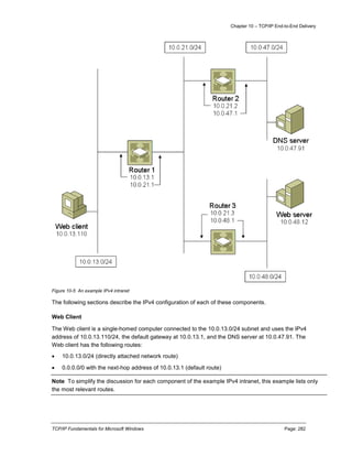Chapter 10 – TCP/IP End-to-End Delivery
TCP/IP Fundamentals for Microsoft Windows Page: 282
Figure 10-5 An example IPv4 intranet
The following sections describe the IPv4 configuration of each of these components.
Web Client
The Web client is a single-homed computer connected to the 10.0.13.0/24 subnet and uses the IPv4
address of 10.0.13.110/24, the default gateway at 10.0.13.1, and the DNS server at 10.0.47.91. The
Web client has the following routes:
 10.0.13.0/24 (directly attached network route)
 0.0.0.0/0 with the next-hop address of 10.0.13.1 (default route)
Note To simplify the discussion for each component of the example IPv4 intranet, this example lists only
the most relevant routes.
 