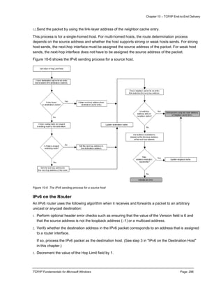 Chapter 10 – TCP/IP End-to-End Delivery
TCP/IP Fundamentals for Microsoft Windows Page: 296
12.Send the packet by using the link-layer address of the neighbor cache entry.
This process is for a single-homed host. For multi-homed hosts, the route determination process
depends on the source address and whether the host supports strong or weak hosts sends. For strong
host sends, the next-hop interface must be assigned the source address of the packet. For weak host
sends, the next-hop interface does not have to be assigned the source address of the packet.
Figure 10-6 shows the IPv6 sending process for a source host.
Figure 10-6 The IPv6 sending process for a source host
IPv6 on the Router
An IPv6 router uses the following algorithm when it receives and forwards a packet to an arbitrary
unicast or anycast destination:
1. Perform optional header error checks such as ensuring that the value of the Version field is 6 and
that the source address is not the loopback address (::1) or a multicast address.
2. Verify whether the destination address in the IPv6 packet corresponds to an address that is assigned
to a router interface.
If so, process the IPv6 packet as the destination host. (See step 3 in "IPv6 on the Destination Host"
in this chapter.)
3. Decrement the value of the Hop Limit field by 1.
 