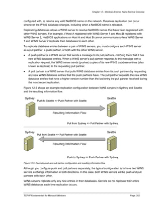 Chapter 12 – Windows Internet Name Service Overview
TCP/IP Fundamentals for Microsoft Windows Page: 352
configured with, to resolve any valid NetBIOS name on the network. Database replication can occur
whenever the WINS database changes, including when a NetBIOS name is released.
Replicating databases allows a WINS server to resolve NetBIOS names that have been registered with
other WINS servers. For example, if Host A registered with WINS Server 1 and Host B registered with
WINS Server 2, NetBIOS applications on Host A and Host B cannot communicate unless WINS Server
1 and WINS Server 2 replicate their databases to each other.
To replicate database entries between a pair of WINS servers, you must configure each WINS server
as a pull partner, a push partner, or both with the other WINS server.
 A push partner is a WINS server that sends a message to its pull partners, notifying them that it has
new WINS database entries. When a WINS server’s pull partner responds to the message with a
replication request, the WINS server sends (pushes) copies of its new WINS database entries (also
known as replicas) to the requesting pull partner.
 A pull partner is a WINS server that pulls WINS database entries from its push partners by requesting
any new WINS database entries that the push partners have. The pull partner requests the new WINS
database entries that have a higher version number than the last entry the pull partner received during
the most recent replication.
Figure 12-5 shows an example replication configuration between WINS servers in Sydney and Seattle
and the resulting information flow.
Figure 12-5 Example push-and-pull partner configuration and resulting information flow
Although you configure push and pull partners separately, the typical configuration is to have two WINS
servers exchange information in both directions. In this case, both WINS servers will be push and pull
partners with each other.
WINS servers replicate only any new entries in their databases. Servers do not replicate their entire
WINS databases each time replication occurs.
 