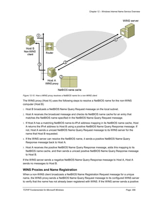 Chapter 12 – Windows Internet Name Service Overview
TCP/IP Fundamentals for Microsoft Windows Page: 358
Figure 12-10 How a WINS proxy resolves a NetBIOS name for a non-WINS client
The WINS proxy (Host A) uses the following steps to resolve a NetBIOS name for the non-WINS
computer (Host B):
1. Host B broadcasts a NetBIOS Name Query Request message on the local subnet.
2. Host A receives the broadcast message and checks its NetBIOS name cache for an entry that
matches the NetBIOS name specified in the NetBIOS Name Query Request message.
3. If Host A has a matching NetBIOS name-to-IPv4 address mapping in its NetBIOS name cache, Host
A returns the IPv4 address to Host B using a positive NetBIOS Name Query Response message. If
not, Host A sends a unicast NetBIOS Name Query Request message to its WINS server for the
name that Host B requested.
4. If the WINS server can resolve the NetBIOS name, it sends a positive NetBIOS Name Query
Response message back to Host A.
5. Host A receives the positive NetBIOS Name Query Response message, adds this mapping to its
NetBIOS name cache, and then sends a unicast positive NetBIOS Name Query Response message
to Host B.
If the WINS server sends a negative NetBIOS Name Query Response message to Host A, Host A
sends no messages to Host B.
WINS Proxies and Name Registration
When a non-WINS client broadcasts a NetBIOS Name Registration Request message for a unique
name, the WINS proxy sends a NetBIOS Name Query Request message to its configured WINS server
to verify that the name has not already been registered with WINS. If the WINS server sends a positive
 