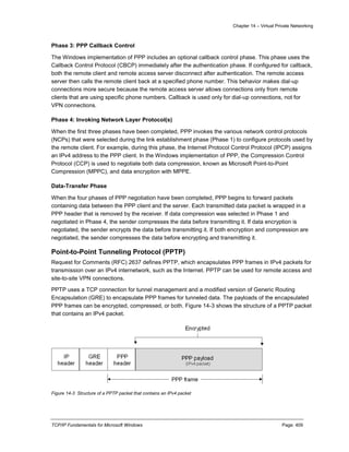 Chapter 14 – Virtual Private Networking
TCP/IP Fundamentals for Microsoft Windows Page: 409
Phase 3: PPP Callback Control
The Windows implementation of PPP includes an optional callback control phase. This phase uses the
Callback Control Protocol (CBCP) immediately after the authentication phase. If configured for callback,
both the remote client and remote access server disconnect after authentication. The remote access
server then calls the remote client back at a specified phone number. This behavior makes dial-up
connections more secure because the remote access server allows connections only from remote
clients that are using specific phone numbers. Callback is used only for dial-up connections, not for
VPN connections.
Phase 4: Invoking Network Layer Protocol(s)
When the first three phases have been completed, PPP invokes the various network control protocols
(NCPs) that were selected during the link establishment phase (Phase 1) to configure protocols used by
the remote client. For example, during this phase, the Internet Protocol Control Protocol (IPCP) assigns
an IPv4 address to the PPP client. In the Windows implementation of PPP, the Compression Control
Protocol (CCP) is used to negotiate both data compression, known as Microsoft Point-to-Point
Compression (MPPC), and data encryption with MPPE.
Data-Transfer Phase
When the four phases of PPP negotiation have been completed, PPP begins to forward packets
containing data between the PPP client and the server. Each transmitted data packet is wrapped in a
PPP header that is removed by the receiver. If data compression was selected in Phase 1 and
negotiated in Phase 4, the sender compresses the data before transmitting it. If data encryption is
negotiated, the sender encrypts the data before transmitting it. If both encryption and compression are
negotiated, the sender compresses the data before encrypting and transmitting it.
Point-to-Point Tunneling Protocol (PPTP)
Request for Comments (RFC) 2637 defines PPTP, which encapsulates PPP frames in IPv4 packets for
transmission over an IPv4 internetwork, such as the Internet. PPTP can be used for remote access and
site-to-site VPN connections.
PPTP uses a TCP connection for tunnel management and a modified version of Generic Routing
Encapsulation (GRE) to encapsulate PPP frames for tunneled data. The payloads of the encapsulated
PPP frames can be encrypted, compressed, or both. Figure 14-3 shows the structure of a PPTP packet
that contains an IPv4 packet.
Figure 14-3 Structure of a PPTP packet that contains an IPv4 packet
 