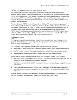Chapter 2 – Architectural Overview of the TCP/IP Protocol Suite
TCP/IP Fundamentals for Microsoft Windows Page: 27
TCP and UDP operate over both IPv4 and IPv6 Internet layers.
The Internet Protocol (TCP/IP) component of Windows Server 2003 and Windows XP contains
separate versions of the TCP and UDP protocols than the Microsoft TCP/IP Version 6 component does.
The versions in the Microsoft TCP/IP Version 6 component are functionally equivalent to those provided
with the Microsoft Windows NT® 4.0 operating systems and contain all the most recent security
updates. The existence of separate protocol stacks with their own versions of TCP and UDP is known
as a dual stack architecture.
The Next Generation TCP/IP stack in Windows Server 2008 and Windows Vista is a single protocol
stack that supports the dual IP layer architecture, in which both IPv4 and IPv6 share common Transport
and Network Interface layers (as Figure 2-1 shows). Because there is a single implementation of TCP,
TCP traffic over IPv6 can take advantage of all the performance features of the Next Generation
TCP/IP stack. These features include all of the performance enhancements of the IPv4 protocol stack
of Windows XP and Windows Server 2003 and additional enhancements new to the Next Generation
TCP/IP stack, such as Receive Window Auto Tuning and Compound TCP.
Application Layer
The Application layer allows applications to access the services of the other layers, and it defines the
protocols that applications use to exchange data. The Application layer contains many protocols, and
more are always being developed.
The most widely known Application layer protocols help users exchange information:
 The Hypertext Transfer Protocol (HTTP) transfers files that make up pages on the World Wide Web.
 The File Transfer Protocol (FTP) transfers individual files, typically for an interactive user session.
 The Simple Mail Transfer Protocol (SMTP) transfers mail messages and attachments.
Additionally, the following Application layer protocols help you use and manage TCP/IP networks:
 The Domain Name System (DNS) protocol resolves a host name, such as www.microsoft.com, to an IP
address and copies name information between DNS servers.
 The Routing Information Protocol (RIP) is a protocol that routers use to exchange routing information on
an IP network.
 The Simple Network Management Protocol (SNMP) collects and exchanges network management
information between a network management console and network devices such as routers, bridges,
and servers.
Windows Sockets and NetBIOS are examples of Application layer interfaces for TCP/IP applications.
For more information, see “Application Programming Interfaces” later in this chapter.
 