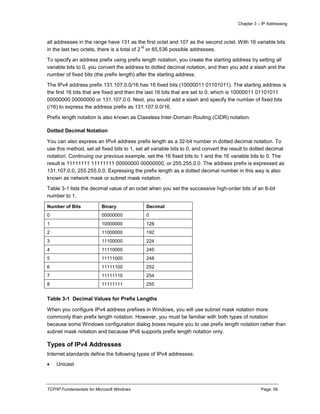 Chapter 3 – IP Addressing
TCP/IP Fundamentals for Microsoft Windows Page: 59
all addresses in the range have 131 as the first octet and 107 as the second octet. With 16 variable bits
in the last two octets, there is a total of 2
16
or 65,536 possible addresses.
To specify an address prefix using prefix length notation, you create the starting address by setting all
variable bits to 0, you convert the address to dotted decimal notation, and then you add a slash and the
number of fixed bits (the prefix length) after the starting address.
The IPv4 address prefix 131.107.0.0/16 has 16 fixed bits (10000011 01101011). The starting address is
the first 16 bits that are fixed and then the last 16 bits that are set to 0, which is 10000011 01101011
00000000 00000000 or 131.107.0.0. Next, you would add a slash and specify the number of fixed bits
(/16) to express the address prefix as 131.107.0.0/16.
Prefix length notation is also known as Classless Inter-Domain Routing (CIDR) notation.
Dotted Decimal Notation
You can also express an IPv4 address prefix length as a 32-bit number in dotted decimal notation. To
use this method, set all fixed bits to 1, set all variable bits to 0, and convert the result to dotted decimal
notation. Continuing our previous example, set the 16 fixed bits to 1 and the 16 variable bits to 0. The
result is 11111111 11111111 00000000 00000000, or 255.255.0.0. The address prefix is expressed as
131.107.0.0, 255.255.0.0. Expressing the prefix length as a dotted decimal number in this way is also
known as network mask or subnet mask notation.
Table 3-1 lists the decimal value of an octet when you set the successive high-order bits of an 8-bit
number to 1.
Number of Bits Binary Decimal
0 00000000 0
1 10000000 128
2 11000000 192
3 11100000 224
4 11110000 240
5 11111000 248
6 11111100 252
7 11111110 254
8 11111111 255
Table 3-1 Decimal Values for Prefix Lengths
When you configure IPv4 address prefixes in Windows, you will use subnet mask notation more
commonly than prefix length notation. However, you must be familiar with both types of notation
because some Windows configuration dialog boxes require you to use prefix length notation rather than
subnet mask notation and because IPv6 supports prefix length notation only.
Types of IPv4 Addresses
Internet standards define the following types of IPv4 addresses:
 Unicast
 