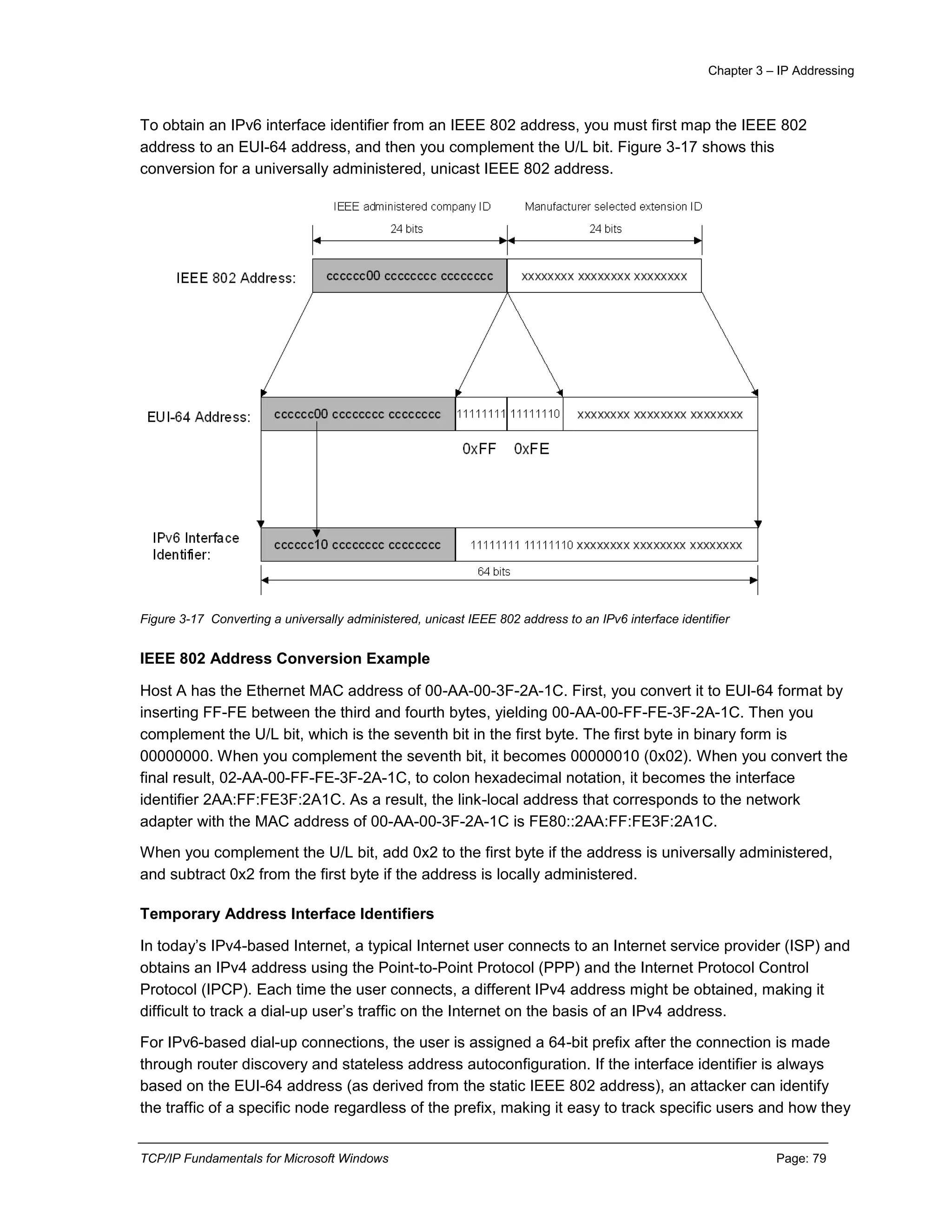 Chapter 3 – IP Addressing
TCP/IP Fundamentals for Microsoft Windows Page: 79
To obtain an IPv6 interface identifier from an IEEE 802 address, you must first map the IEEE 802
address to an EUI-64 address, and then you complement the U/L bit. Figure 3-17 shows this
conversion for a universally administered, unicast IEEE 802 address.
Figure 3-17 Converting a universally administered, unicast IEEE 802 address to an IPv6 interface identifier
IEEE 802 Address Conversion Example
Host A has the Ethernet MAC address of 00-AA-00-3F-2A-1C. First, you convert it to EUI-64 format by
inserting FF-FE between the third and fourth bytes, yielding 00-AA-00-FF-FE-3F-2A-1C. Then you
complement the U/L bit, which is the seventh bit in the first byte. The first byte in binary form is
00000000. When you complement the seventh bit, it becomes 00000010 (0x02). When you convert the
final result, 02-AA-00-FF-FE-3F-2A-1C, to colon hexadecimal notation, it becomes the interface
identifier 2AA:FF:FE3F:2A1C. As a result, the link-local address that corresponds to the network
adapter with the MAC address of 00-AA-00-3F-2A-1C is FE80::2AA:FF:FE3F:2A1C.
When you complement the U/L bit, add 0x2 to the first byte if the address is universally administered,
and subtract 0x2 from the first byte if the address is locally administered.
Temporary Address Interface Identifiers
In today’s IPv4-based Internet, a typical Internet user connects to an Internet service provider (ISP) and
obtains an IPv4 address using the Point-to-Point Protocol (PPP) and the Internet Protocol Control
Protocol (IPCP). Each time the user connects, a different IPv4 address might be obtained, making it
difficult to track a dial-up user’s traffic on the Internet on the basis of an IPv4 address.
For IPv6-based dial-up connections, the user is assigned a 64-bit prefix after the connection is made
through router discovery and stateless address autoconfiguration. If the interface identifier is always
based on the EUI-64 address (as derived from the static IEEE 802 address), an attacker can identify
the traffic of a specific node regardless of the prefix, making it easy to track specific users and how they
 