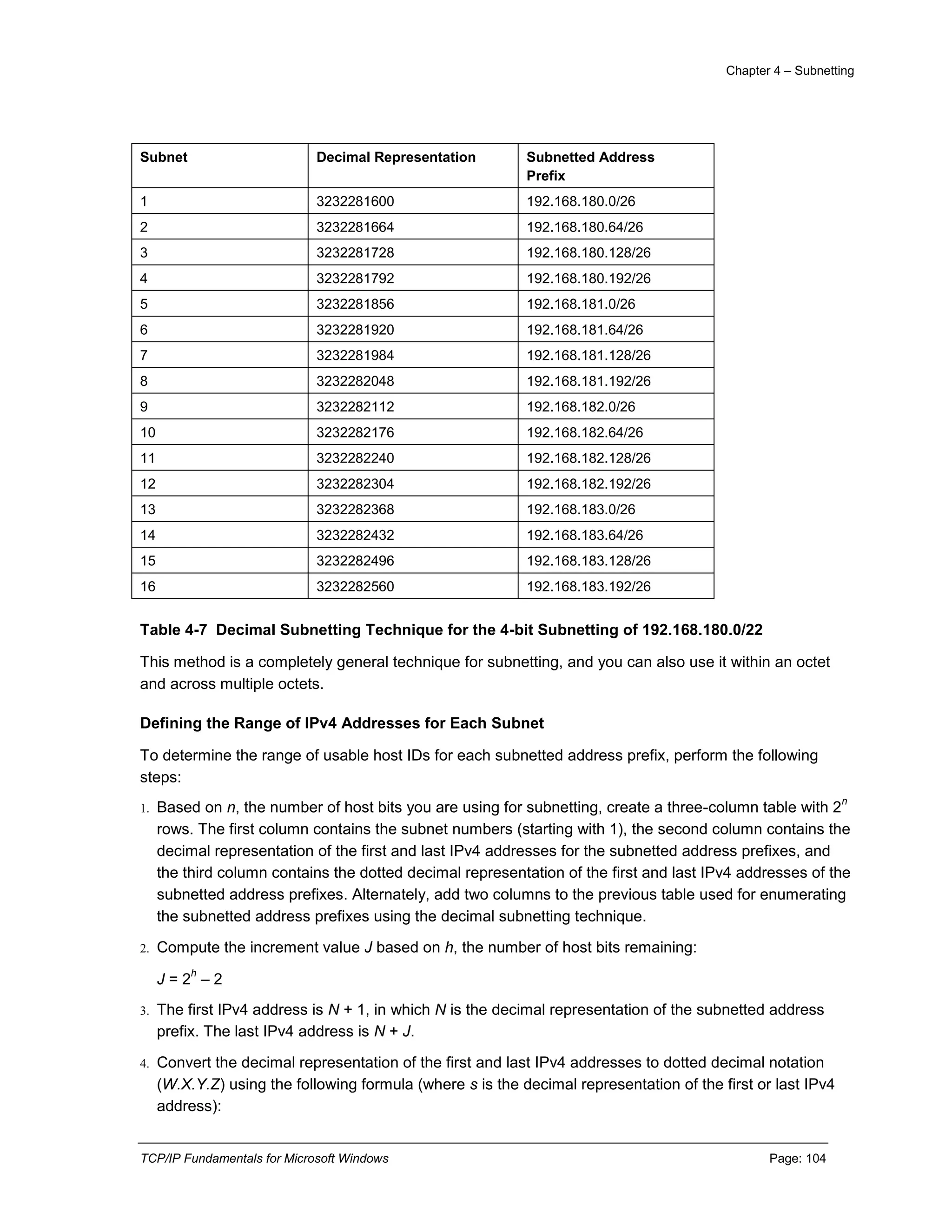 Chapter 4 – Subnetting
TCP/IP Fundamentals for Microsoft Windows Page: 104
Subnet Decimal Representation Subnetted Address
Prefix
1 3232281600 192.168.180.0/26
2 3232281664 192.168.180.64/26
3 3232281728 192.168.180.128/26
4 3232281792 192.168.180.192/26
5 3232281856 192.168.181.0/26
6 3232281920 192.168.181.64/26
7 3232281984 192.168.181.128/26
8 3232282048 192.168.181.192/26
9 3232282112 192.168.182.0/26
10 3232282176 192.168.182.64/26
11 3232282240 192.168.182.128/26
12 3232282304 192.168.182.192/26
13 3232282368 192.168.183.0/26
14 3232282432 192.168.183.64/26
15 3232282496 192.168.183.128/26
16 3232282560 192.168.183.192/26
Table 4-7 Decimal Subnetting Technique for the 4-bit Subnetting of 192.168.180.0/22
This method is a completely general technique for subnetting, and you can also use it within an octet
and across multiple octets.
Defining the Range of IPv4 Addresses for Each Subnet
To determine the range of usable host IDs for each subnetted address prefix, perform the following
steps:
1. Based on n, the number of host bits you are using for subnetting, create a three-column table with 2
n
rows. The first column contains the subnet numbers (starting with 1), the second column contains the
decimal representation of the first and last IPv4 addresses for the subnetted address prefixes, and
the third column contains the dotted decimal representation of the first and last IPv4 addresses of the
subnetted address prefixes. Alternately, add two columns to the previous table used for enumerating
the subnetted address prefixes using the decimal subnetting technique.
2. Compute the increment value J based on h, the number of host bits remaining:
J = 2
h
– 2
3. The first IPv4 address is N + 1, in which N is the decimal representation of the subnetted address
prefix. The last IPv4 address is N + J.
4. Convert the decimal representation of the first and last IPv4 addresses to dotted decimal notation
(W.X.Y.Z) using the following formula (where s is the decimal representation of the first or last IPv4
address):
 