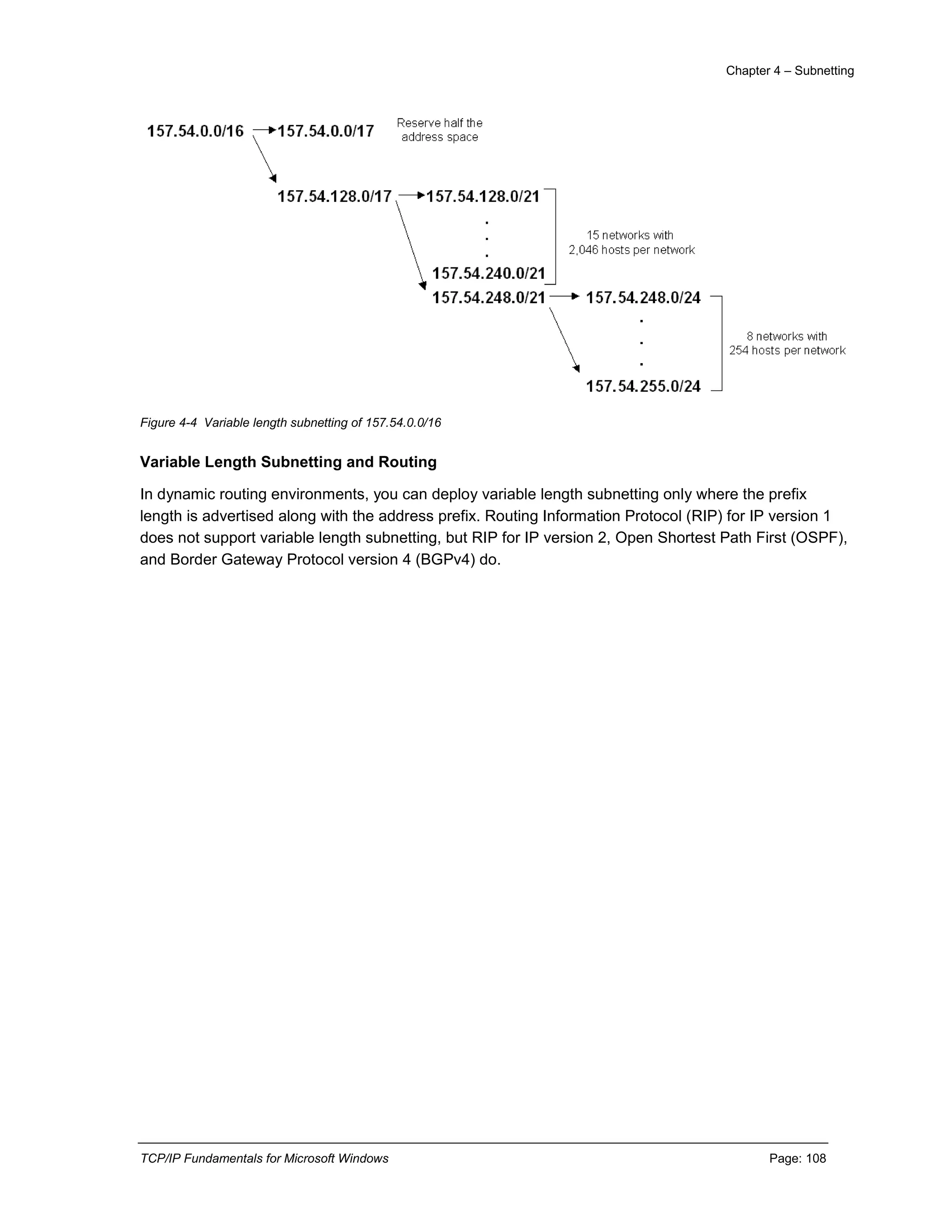 Chapter 4 – Subnetting
TCP/IP Fundamentals for Microsoft Windows Page: 108
Figure 4-4 Variable length subnetting of 157.54.0.0/16
Variable Length Subnetting and Routing
In dynamic routing environments, you can deploy variable length subnetting only where the prefix
length is advertised along with the address prefix. Routing Information Protocol (RIP) for IP version 1
does not support variable length subnetting, but RIP for IP version 2, Open Shortest Path First (OSPF),
and Border Gateway Protocol version 4 (BGPv4) do.
 