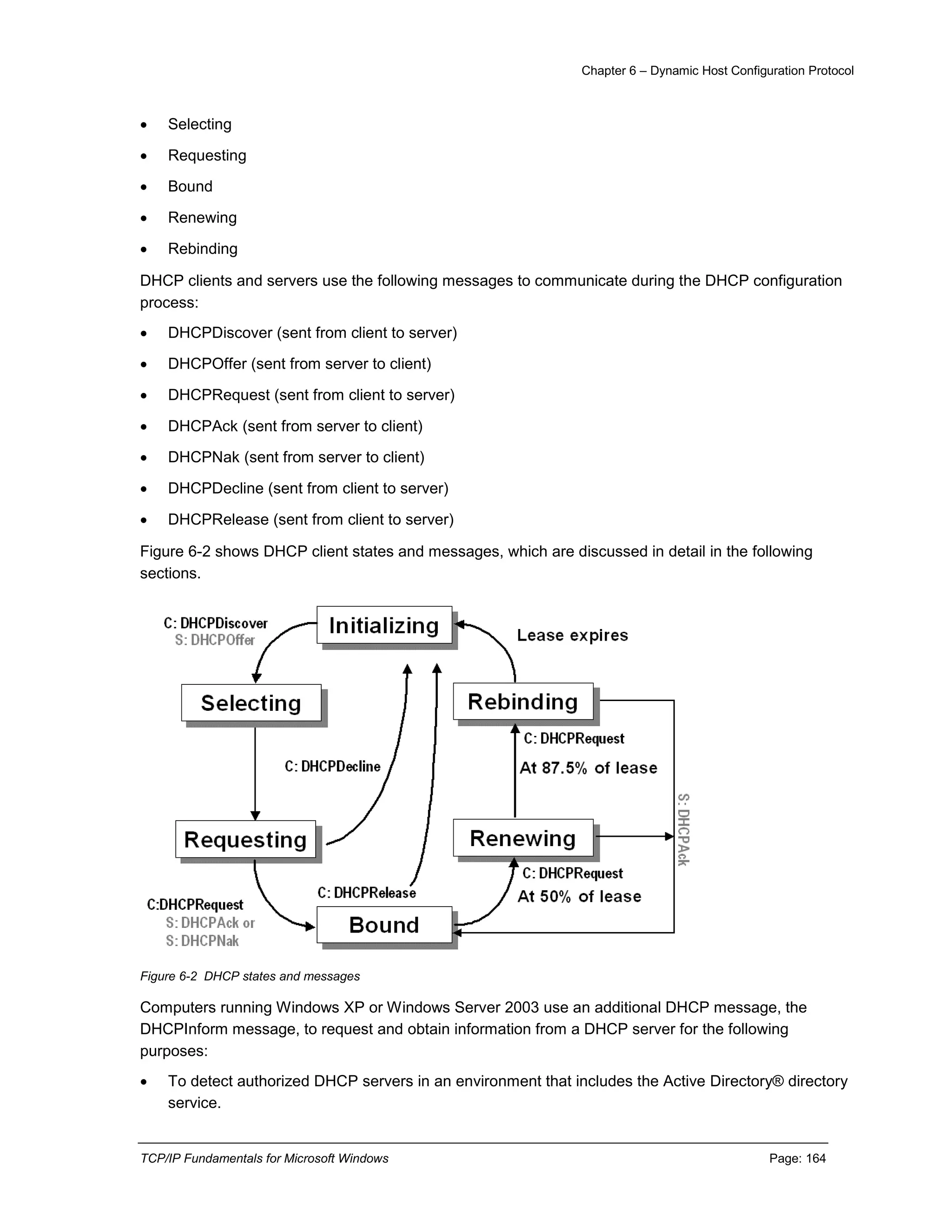 Chapter 6 – Dynamic Host Configuration Protocol
TCP/IP Fundamentals for Microsoft Windows Page: 164
 Selecting
 Requesting
 Bound
 Renewing
 Rebinding
DHCP clients and servers use the following messages to communicate during the DHCP configuration
process:
 DHCPDiscover (sent from client to server)
 DHCPOffer (sent from server to client)
 DHCPRequest (sent from client to server)
 DHCPAck (sent from server to client)
 DHCPNak (sent from server to client)
 DHCPDecline (sent from client to server)
 DHCPRelease (sent from client to server)
Figure 6-2 shows DHCP client states and messages, which are discussed in detail in the following
sections.
Figure 6-2 DHCP states and messages
Computers running Windows XP or Windows Server 2003 use an additional DHCP message, the
DHCPInform message, to request and obtain information from a DHCP server for the following
purposes:
 To detect authorized DHCP servers in an environment that includes the Active Directory® directory
service.
 