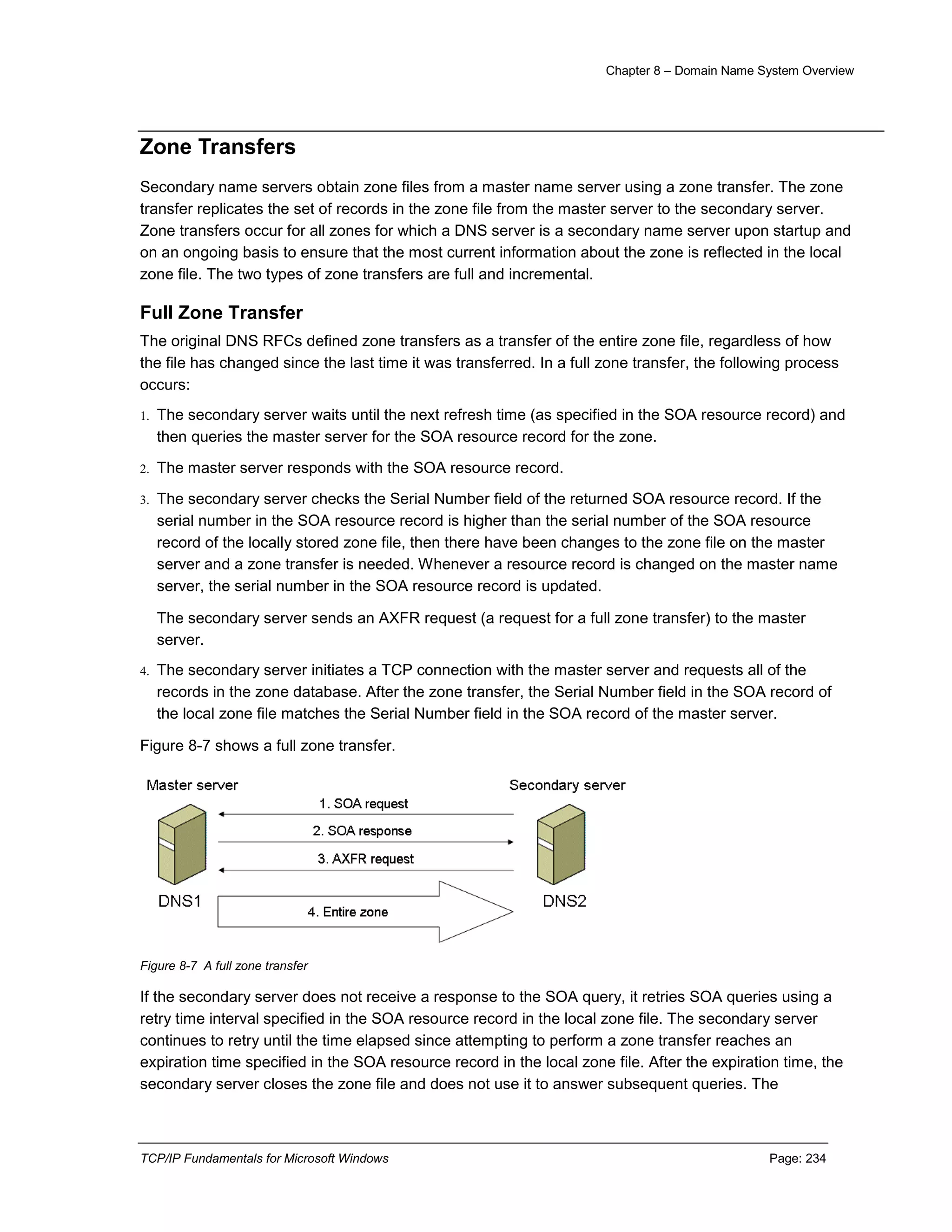 Chapter 8 – Domain Name System Overview
TCP/IP Fundamentals for Microsoft Windows Page: 234
Zone Transfers
Secondary name servers obtain zone files from a master name server using a zone transfer. The zone
transfer replicates the set of records in the zone file from the master server to the secondary server.
Zone transfers occur for all zones for which a DNS server is a secondary name server upon startup and
on an ongoing basis to ensure that the most current information about the zone is reflected in the local
zone file. The two types of zone transfers are full and incremental.
Full Zone Transfer
The original DNS RFCs defined zone transfers as a transfer of the entire zone file, regardless of how
the file has changed since the last time it was transferred. In a full zone transfer, the following process
occurs:
1. The secondary server waits until the next refresh time (as specified in the SOA resource record) and
then queries the master server for the SOA resource record for the zone.
2. The master server responds with the SOA resource record.
3. The secondary server checks the Serial Number field of the returned SOA resource record. If the
serial number in the SOA resource record is higher than the serial number of the SOA resource
record of the locally stored zone file, then there have been changes to the zone file on the master
server and a zone transfer is needed. Whenever a resource record is changed on the master name
server, the serial number in the SOA resource record is updated.
The secondary server sends an AXFR request (a request for a full zone transfer) to the master
server.
4. The secondary server initiates a TCP connection with the master server and requests all of the
records in the zone database. After the zone transfer, the Serial Number field in the SOA record of
the local zone file matches the Serial Number field in the SOA record of the master server.
Figure 8-7 shows a full zone transfer.
Figure 8-7 A full zone transfer
If the secondary server does not receive a response to the SOA query, it retries SOA queries using a
retry time interval specified in the SOA resource record in the local zone file. The secondary server
continues to retry until the time elapsed since attempting to perform a zone transfer reaches an
expiration time specified in the SOA resource record in the local zone file. After the expiration time, the
secondary server closes the zone file and does not use it to answer subsequent queries. The
 