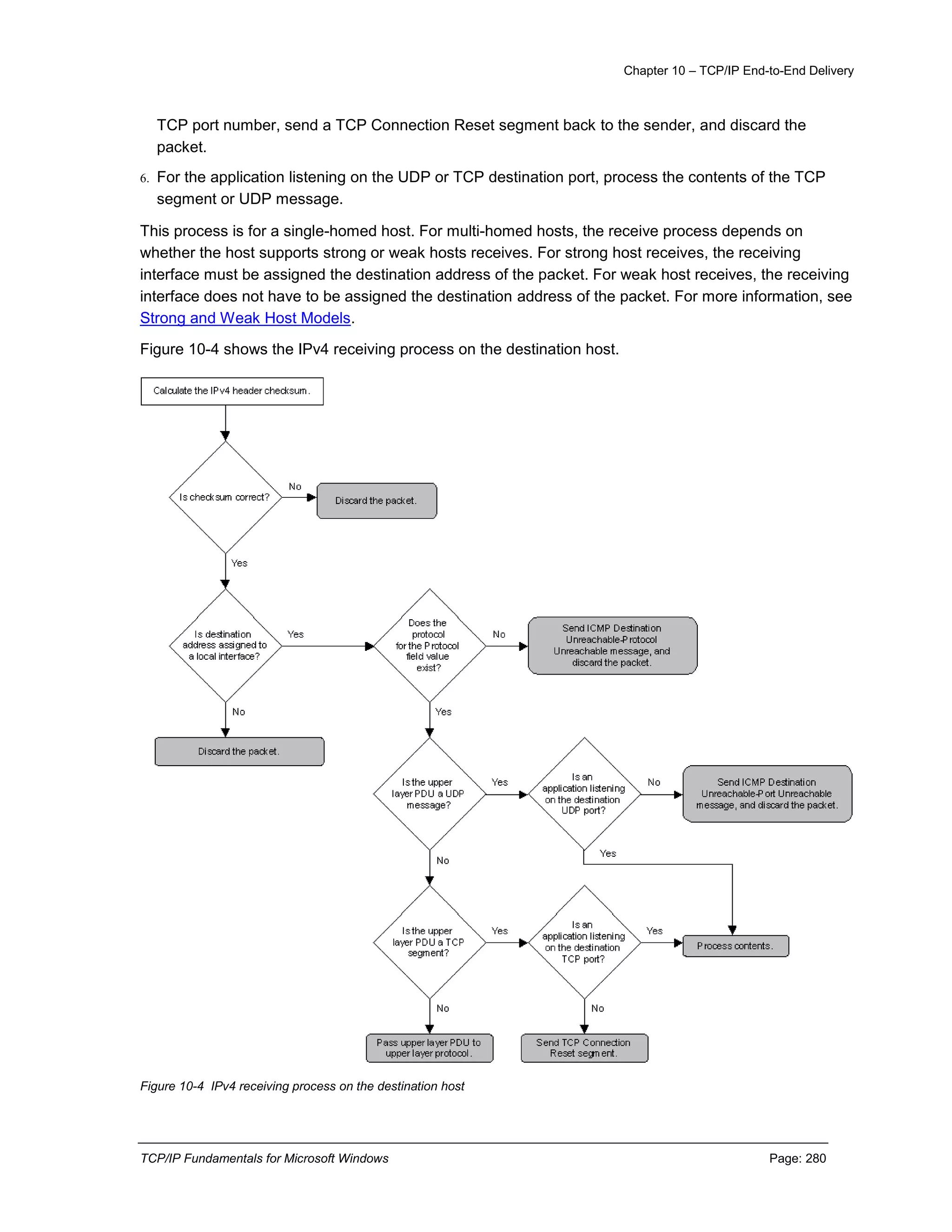 Chapter 10 – TCP/IP End-to-End Delivery
TCP/IP Fundamentals for Microsoft Windows Page: 280
TCP port number, send a TCP Connection Reset segment back to the sender, and discard the
packet.
6. For the application listening on the UDP or TCP destination port, process the contents of the TCP
segment or UDP message.
This process is for a single-homed host. For multi-homed hosts, the receive process depends on
whether the host supports strong or weak hosts receives. For strong host receives, the receiving
interface must be assigned the destination address of the packet. For weak host receives, the receiving
interface does not have to be assigned the destination address of the packet. For more information, see
Strong and Weak Host Models.
Figure 10-4 shows the IPv4 receiving process on the destination host.
Figure 10-4 IPv4 receiving process on the destination host
 