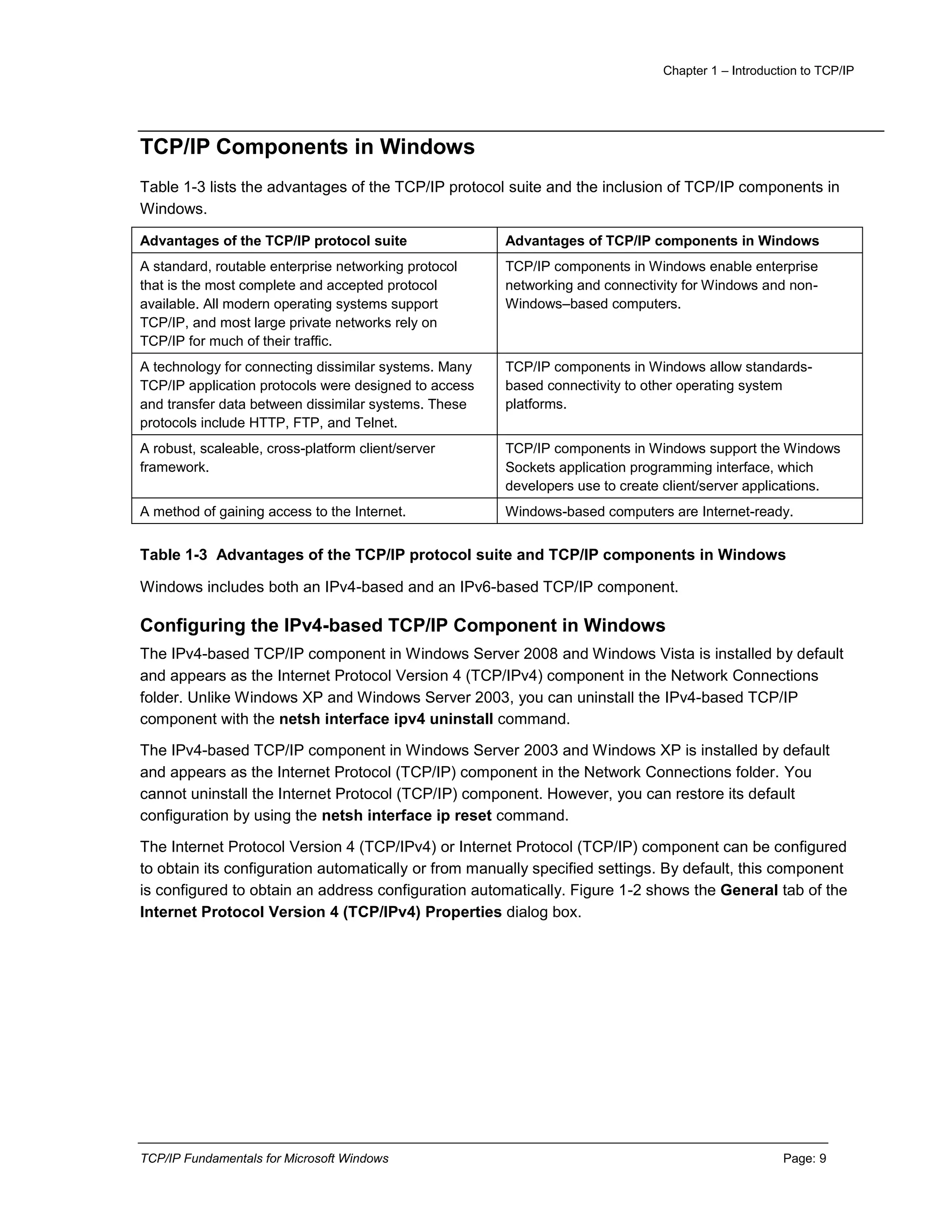 Chapter 1 – Introduction to TCP/IP
TCP/IP Fundamentals for Microsoft Windows Page: 9
TCP/IP Components in Windows
Table 1-3 lists the advantages of the TCP/IP protocol suite and the inclusion of TCP/IP components in
Windows.
Advantages of the TCP/IP protocol suite Advantages of TCP/IP components in Windows
A standard, routable enterprise networking protocol
that is the most complete and accepted protocol
available. All modern operating systems support
TCP/IP, and most large private networks rely on
TCP/IP for much of their traffic.
TCP/IP components in Windows enable enterprise
networking and connectivity for Windows and non-
Windows–based computers.
A technology for connecting dissimilar systems. Many
TCP/IP application protocols were designed to access
and transfer data between dissimilar systems. These
protocols include HTTP, FTP, and Telnet.
TCP/IP components in Windows allow standards-
based connectivity to other operating system
platforms.
A robust, scaleable, cross-platform client/server
framework.
TCP/IP components in Windows support the Windows
Sockets application programming interface, which
developers use to create client/server applications.
A method of gaining access to the Internet. Windows-based computers are Internet-ready.
Table 1-3 Advantages of the TCP/IP protocol suite and TCP/IP components in Windows
Windows includes both an IPv4-based and an IPv6-based TCP/IP component.
Configuring the IPv4-based TCP/IP Component in Windows
The IPv4-based TCP/IP component in Windows Server 2008 and Windows Vista is installed by default
and appears as the Internet Protocol Version 4 (TCP/IPv4) component in the Network Connections
folder. Unlike Windows XP and Windows Server 2003, you can uninstall the IPv4-based TCP/IP
component with the netsh interface ipv4 uninstall command.
The IPv4-based TCP/IP component in Windows Server 2003 and Windows XP is installed by default
and appears as the Internet Protocol (TCP/IP) component in the Network Connections folder. You
cannot uninstall the Internet Protocol (TCP/IP) component. However, you can restore its default
configuration by using the netsh interface ip reset command.
The Internet Protocol Version 4 (TCP/IPv4) or Internet Protocol (TCP/IP) component can be configured
to obtain its configuration automatically or from manually specified settings. By default, this component
is configured to obtain an address configuration automatically. Figure 1-2 shows the General tab of the
Internet Protocol Version 4 (TCP/IPv4) Properties dialog box.
 