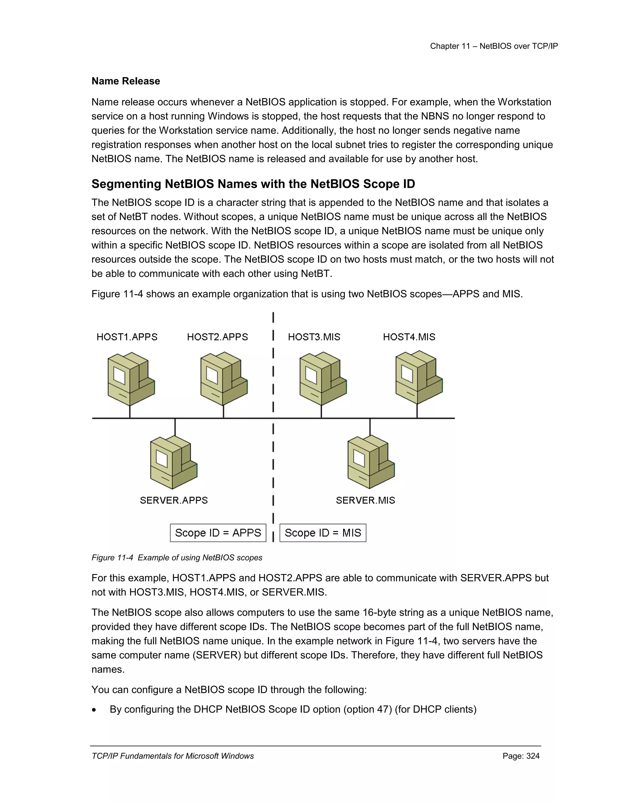Chapter 11 – NetBIOS over TCP/IP
TCP/IP Fundamentals for Microsoft Windows Page: 324
Name Release
Name release occurs whenever a NetBIOS application is stopped. For example, when the Workstation
service on a host running Windows is stopped, the host requests that the NBNS no longer respond to
queries for the Workstation service name. Additionally, the host no longer sends negative name
registration responses when another host on the local subnet tries to register the corresponding unique
NetBIOS name. The NetBIOS name is released and available for use by another host.
Segmenting NetBIOS Names with the NetBIOS Scope ID
The NetBIOS scope ID is a character string that is appended to the NetBIOS name and that isolates a
set of NetBT nodes. Without scopes, a unique NetBIOS name must be unique across all the NetBIOS
resources on the network. With the NetBIOS scope ID, a unique NetBIOS name must be unique only
within a specific NetBIOS scope ID. NetBIOS resources within a scope are isolated from all NetBIOS
resources outside the scope. The NetBIOS scope ID on two hosts must match, or the two hosts will not
be able to communicate with each other using NetBT.
Figure 11-4 shows an example organization that is using two NetBIOS scopes—APPS and MIS.
Figure 11-4 Example of using NetBIOS scopes
For this example, HOST1.APPS and HOST2.APPS are able to communicate with SERVER.APPS but
not with HOST3.MIS, HOST4.MIS, or SERVER.MIS.
The NetBIOS scope also allows computers to use the same 16-byte string as a unique NetBIOS name,
provided they have different scope IDs. The NetBIOS scope becomes part of the full NetBIOS name,
making the full NetBIOS name unique. In the example network in Figure 11-4, two servers have the
same computer name (SERVER) but different scope IDs. Therefore, they have different full NetBIOS
names.
You can configure a NetBIOS scope ID through the following:
 By configuring the DHCP NetBIOS Scope ID option (option 47) (for DHCP clients)
 