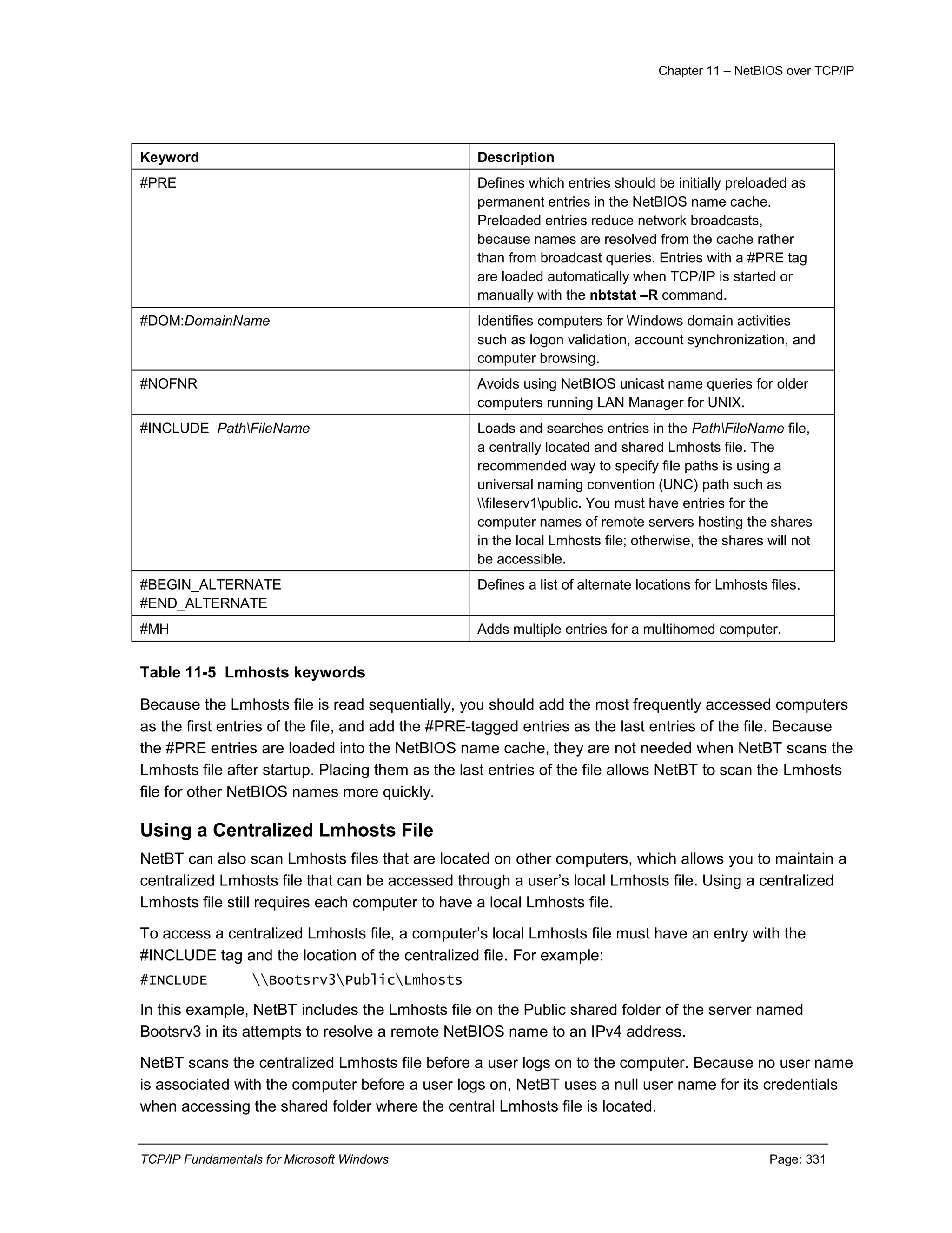 Chapter 11 – NetBIOS over TCP/IP
TCP/IP Fundamentals for Microsoft Windows Page: 331
Keyword Description
#PRE Defines which entries should be initially preloaded as
permanent entries in the NetBIOS name cache.
Preloaded entries reduce network broadcasts,
because names are resolved from the cache rather
than from broadcast queries. Entries with a #PRE tag
are loaded automatically when TCP/IP is started or
manually with the nbtstat –R command.
#DOM:DomainName Identifies computers for Windows domain activities
such as logon validation, account synchronization, and
computer browsing.
#NOFNR Avoids using NetBIOS unicast name queries for older
computers running LAN Manager for UNIX.
#INCLUDE PathFileName Loads and searches entries in the PathFileName file,
a centrally located and shared Lmhosts file. The
recommended way to specify file paths is using a
universal naming convention (UNC) path such as
fileserv1public. You must have entries for the
computer names of remote servers hosting the shares
in the local Lmhosts file; otherwise, the shares will not
be accessible.
#BEGIN_ALTERNATE
#END_ALTERNATE
Defines a list of alternate locations for Lmhosts files.
#MH Adds multiple entries for a multihomed computer.
Table 11-5 Lmhosts keywords
Because the Lmhosts file is read sequentially, you should add the most frequently accessed computers
as the first entries of the file, and add the #PRE-tagged entries as the last entries of the file. Because
the #PRE entries are loaded into the NetBIOS name cache, they are not needed when NetBT scans the
Lmhosts file after startup. Placing them as the last entries of the file allows NetBT to scan the Lmhosts
file for other NetBIOS names more quickly.
Using a Centralized Lmhosts File
NetBT can also scan Lmhosts files that are located on other computers, which allows you to maintain a
centralized Lmhosts file that can be accessed through a user’s local Lmhosts file. Using a centralized
Lmhosts file still requires each computer to have a local Lmhosts file.
To access a centralized Lmhosts file, a computer’s local Lmhosts file must have an entry with the
#INCLUDE tag and the location of the centralized file. For example:
#INCLUDE Bootsrv3PublicLmhosts
In this example, NetBT includes the Lmhosts file on the Public shared folder of the server named
Bootsrv3 in its attempts to resolve a remote NetBIOS name to an IPv4 address.
NetBT scans the centralized Lmhosts file before a user logs on to the computer. Because no user name
is associated with the computer before a user logs on, NetBT uses a null user name for its credentials
when accessing the shared folder where the central Lmhosts file is located.
 