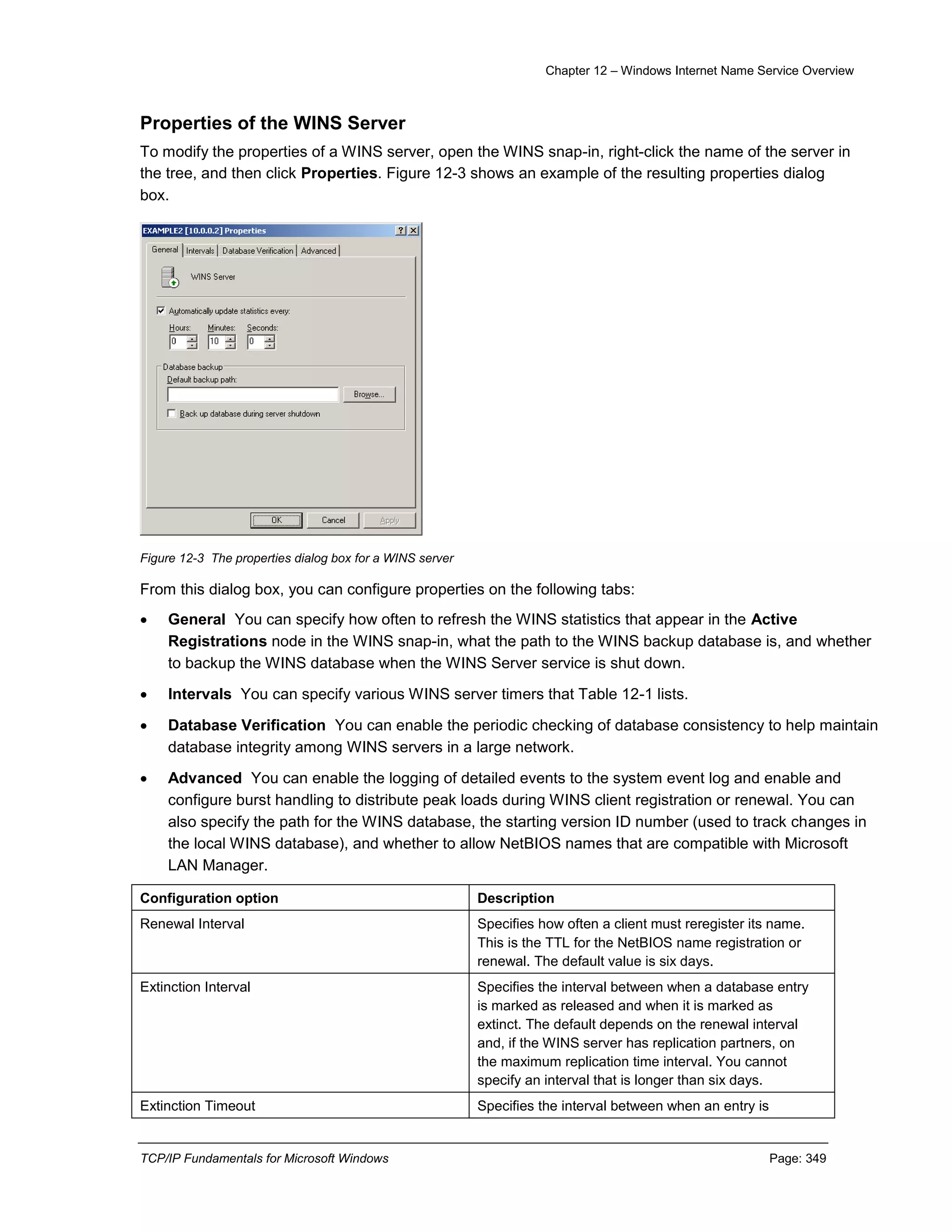Chapter 12 – Windows Internet Name Service Overview
TCP/IP Fundamentals for Microsoft Windows Page: 349
Properties of the WINS Server
To modify the properties of a WINS server, open the WINS snap-in, right-click the name of the server in
the tree, and then click Properties. Figure 12-3 shows an example of the resulting properties dialog
box.
Figure 12-3 The properties dialog box for a WINS server
From this dialog box, you can configure properties on the following tabs:
 General You can specify how often to refresh the WINS statistics that appear in the Active
Registrations node in the WINS snap-in, what the path to the WINS backup database is, and whether
to backup the WINS database when the WINS Server service is shut down.
 Intervals You can specify various WINS server timers that Table 12-1 lists.
 Database Verification You can enable the periodic checking of database consistency to help maintain
database integrity among WINS servers in a large network.
 Advanced You can enable the logging of detailed events to the system event log and enable and
configure burst handling to distribute peak loads during WINS client registration or renewal. You can
also specify the path for the WINS database, the starting version ID number (used to track changes in
the local WINS database), and whether to allow NetBIOS names that are compatible with Microsoft
LAN Manager.
Configuration option Description
Renewal Interval Specifies how often a client must reregister its name.
This is the TTL for the NetBIOS name registration or
renewal. The default value is six days.
Extinction Interval Specifies the interval between when a database entry
is marked as released and when it is marked as
extinct. The default depends on the renewal interval
and, if the WINS server has replication partners, on
the maximum replication time interval. You cannot
specify an interval that is longer than six days.
Extinction Timeout Specifies the interval between when an entry is
 