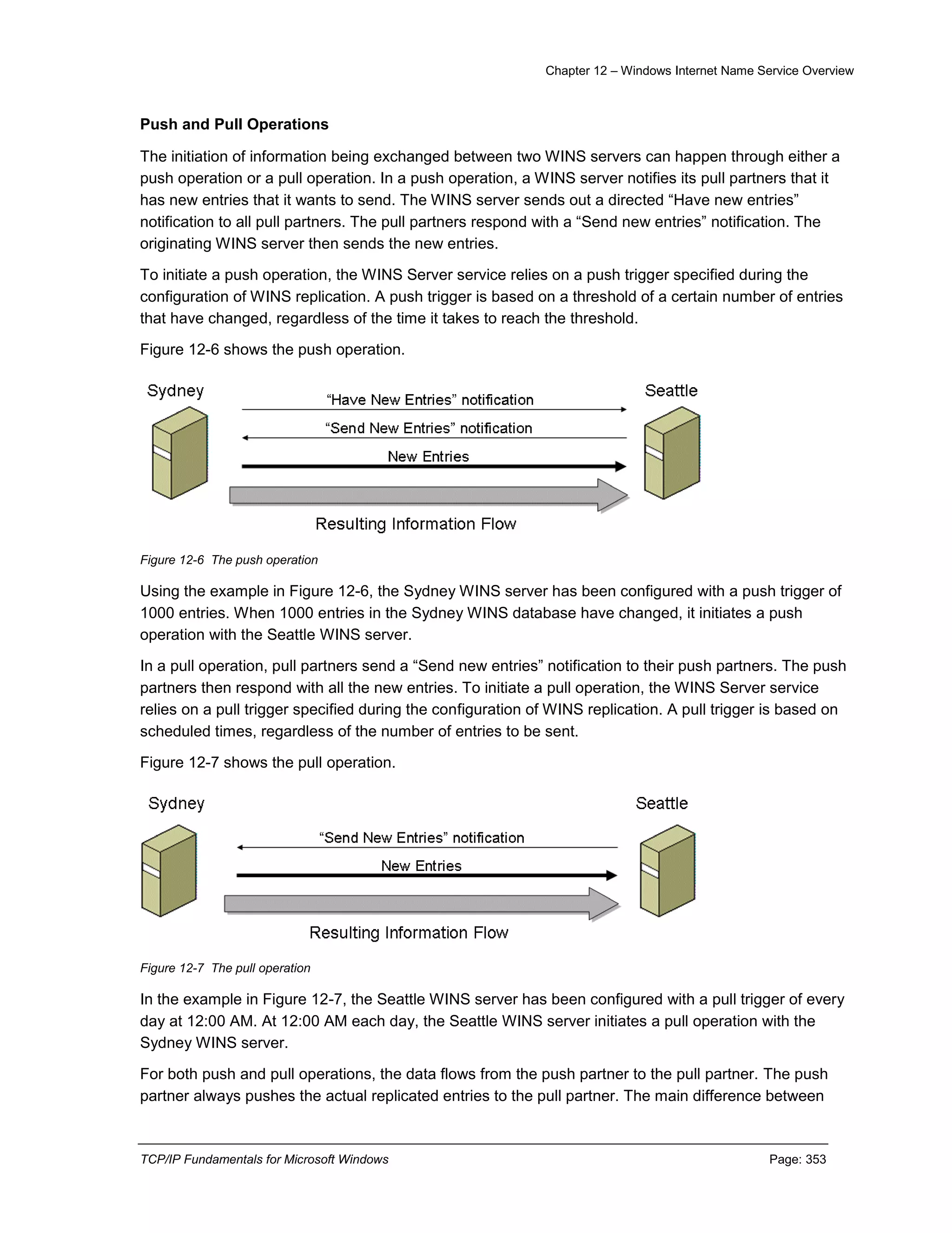 Chapter 12 – Windows Internet Name Service Overview
TCP/IP Fundamentals for Microsoft Windows Page: 353
Push and Pull Operations
The initiation of information being exchanged between two WINS servers can happen through either a
push operation or a pull operation. In a push operation, a WINS server notifies its pull partners that it
has new entries that it wants to send. The WINS server sends out a directed “Have new entries”
notification to all pull partners. The pull partners respond with a “Send new entries” notification. The
originating WINS server then sends the new entries.
To initiate a push operation, the WINS Server service relies on a push trigger specified during the
configuration of WINS replication. A push trigger is based on a threshold of a certain number of entries
that have changed, regardless of the time it takes to reach the threshold.
Figure 12-6 shows the push operation.
Figure 12-6 The push operation
Using the example in Figure 12-6, the Sydney WINS server has been configured with a push trigger of
1000 entries. When 1000 entries in the Sydney WINS database have changed, it initiates a push
operation with the Seattle WINS server.
In a pull operation, pull partners send a “Send new entries” notification to their push partners. The push
partners then respond with all the new entries. To initiate a pull operation, the WINS Server service
relies on a pull trigger specified during the configuration of WINS replication. A pull trigger is based on
scheduled times, regardless of the number of entries to be sent.
Figure 12-7 shows the pull operation.
Figure 12-7 The pull operation
In the example in Figure 12-7, the Seattle WINS server has been configured with a pull trigger of every
day at 12:00 AM. At 12:00 AM each day, the Seattle WINS server initiates a pull operation with the
Sydney WINS server.
For both push and pull operations, the data flows from the push partner to the pull partner. The push
partner always pushes the actual replicated entries to the pull partner. The main difference between
 