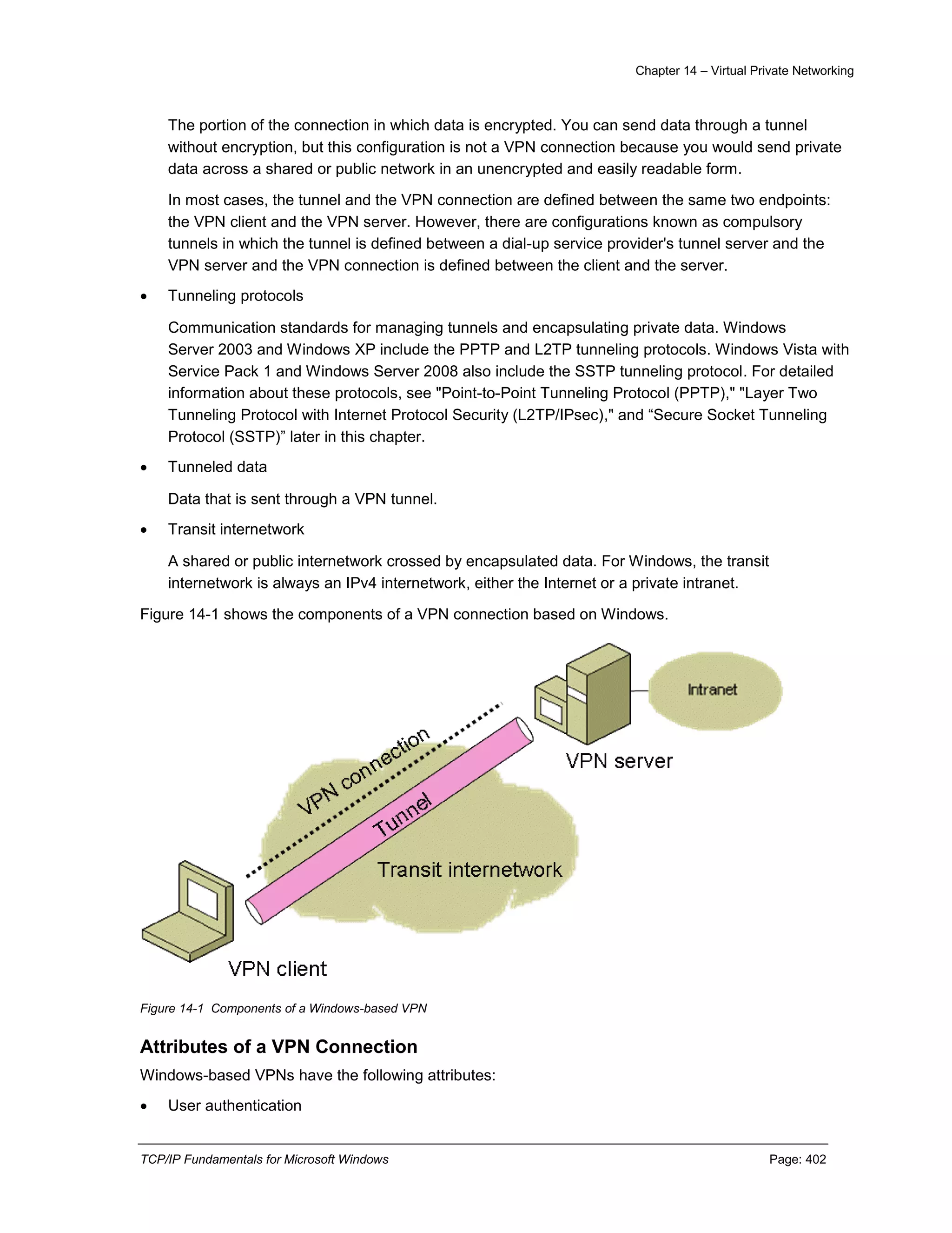 Chapter 14 – Virtual Private Networking
TCP/IP Fundamentals for Microsoft Windows Page: 402
The portion of the connection in which data is encrypted. You can send data through a tunnel
without encryption, but this configuration is not a VPN connection because you would send private
data across a shared or public network in an unencrypted and easily readable form.
In most cases, the tunnel and the VPN connection are defined between the same two endpoints:
the VPN client and the VPN server. However, there are configurations known as compulsory
tunnels in which the tunnel is defined between a dial-up service provider's tunnel server and the
VPN server and the VPN connection is defined between the client and the server.
 Tunneling protocols
Communication standards for managing tunnels and encapsulating private data. Windows
Server 2003 and Windows XP include the PPTP and L2TP tunneling protocols. Windows Vista with
Service Pack 1 and Windows Server 2008 also include the SSTP tunneling protocol. For detailed
information about these protocols, see "Point-to-Point Tunneling Protocol (PPTP)," "Layer Two
Tunneling Protocol with Internet Protocol Security (L2TP/IPsec)," and “Secure Socket Tunneling
Protocol (SSTP)” later in this chapter.
 Tunneled data
Data that is sent through a VPN tunnel.
 Transit internetwork
A shared or public internetwork crossed by encapsulated data. For Windows, the transit
internetwork is always an IPv4 internetwork, either the Internet or a private intranet.
Figure 14-1 shows the components of a VPN connection based on Windows.
Figure 14-1 Components of a Windows-based VPN
Attributes of a VPN Connection
Windows-based VPNs have the following attributes:
 User authentication
 
