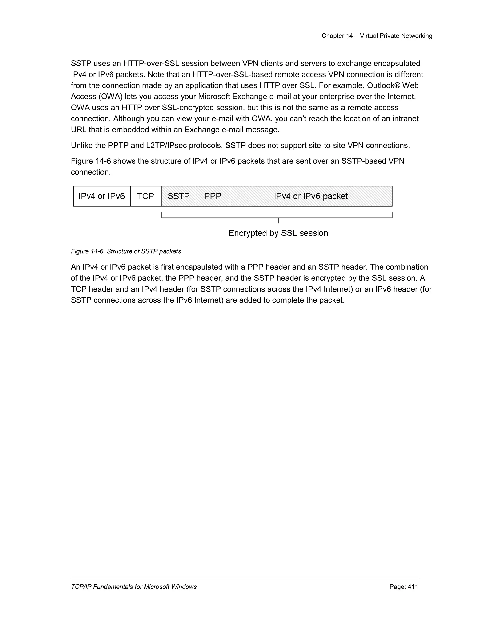 Chapter 14 – Virtual Private Networking
TCP/IP Fundamentals for Microsoft Windows Page: 411
SSTP uses an HTTP-over-SSL session between VPN clients and servers to exchange encapsulated
IPv4 or IPv6 packets. Note that an HTTP-over-SSL-based remote access VPN connection is different
from the connection made by an application that uses HTTP over SSL. For example, Outlook® Web
Access (OWA) lets you access your Microsoft Exchange e-mail at your enterprise over the Internet.
OWA uses an HTTP over SSL-encrypted session, but this is not the same as a remote access
connection. Although you can view your e-mail with OWA, you can’t reach the location of an intranet
URL that is embedded within an Exchange e-mail message.
Unlike the PPTP and L2TP/IPsec protocols, SSTP does not support site-to-site VPN connections.
Figure 14-6 shows the structure of IPv4 or IPv6 packets that are sent over an SSTP-based VPN
connection.
Figure 14-6 Structure of SSTP packets
An IPv4 or IPv6 packet is first encapsulated with a PPP header and an SSTP header. The combination
of the IPv4 or IPv6 packet, the PPP header, and the SSTP header is encrypted by the SSL session. A
TCP header and an IPv4 header (for SSTP connections across the IPv4 Internet) or an IPv6 header (for
SSTP connections across the IPv6 Internet) are added to complete the packet.
 