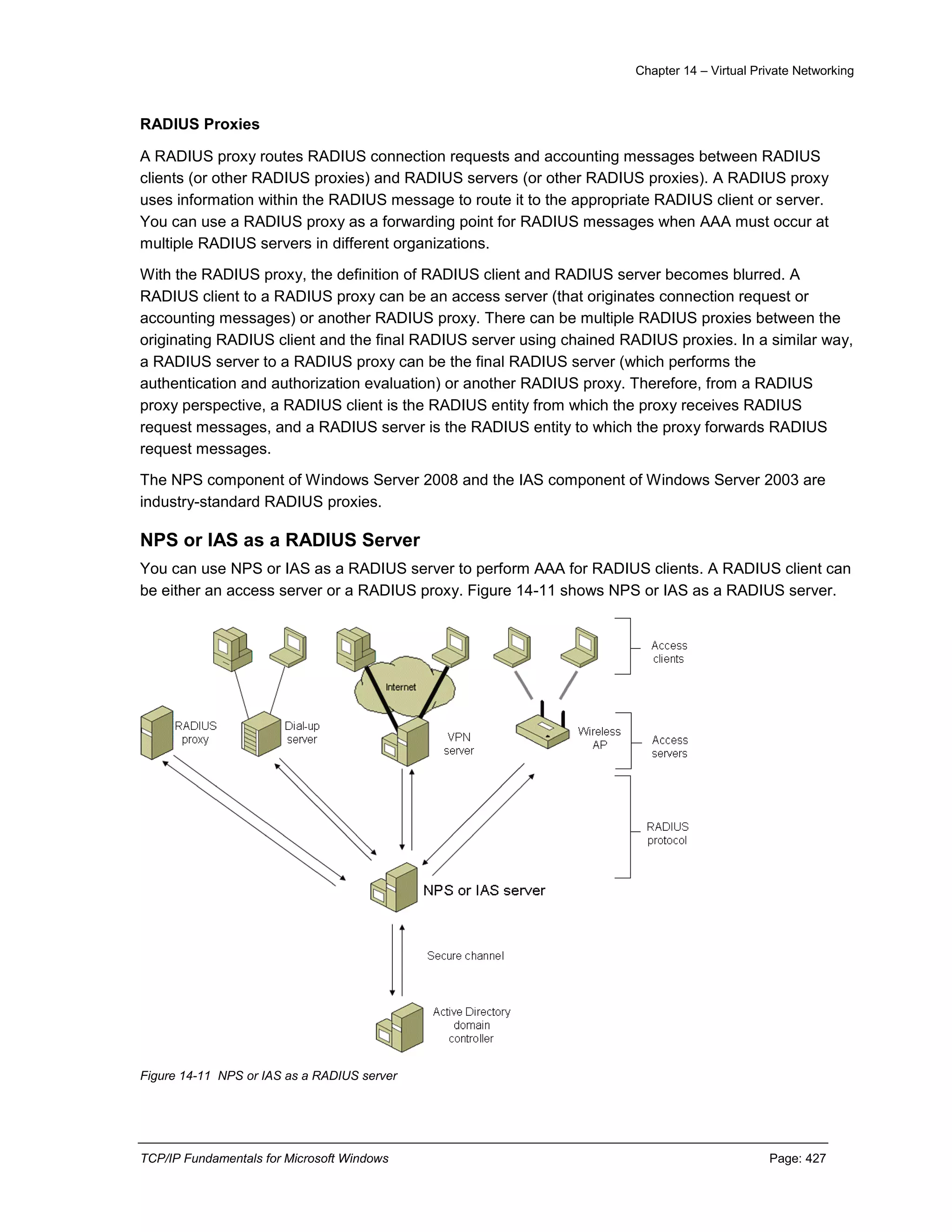 Chapter 14 – Virtual Private Networking
TCP/IP Fundamentals for Microsoft Windows Page: 427
RADIUS Proxies
A RADIUS proxy routes RADIUS connection requests and accounting messages between RADIUS
clients (or other RADIUS proxies) and RADIUS servers (or other RADIUS proxies). A RADIUS proxy
uses information within the RADIUS message to route it to the appropriate RADIUS client or server.
You can use a RADIUS proxy as a forwarding point for RADIUS messages when AAA must occur at
multiple RADIUS servers in different organizations.
With the RADIUS proxy, the definition of RADIUS client and RADIUS server becomes blurred. A
RADIUS client to a RADIUS proxy can be an access server (that originates connection request or
accounting messages) or another RADIUS proxy. There can be multiple RADIUS proxies between the
originating RADIUS client and the final RADIUS server using chained RADIUS proxies. In a similar way,
a RADIUS server to a RADIUS proxy can be the final RADIUS server (which performs the
authentication and authorization evaluation) or another RADIUS proxy. Therefore, from a RADIUS
proxy perspective, a RADIUS client is the RADIUS entity from which the proxy receives RADIUS
request messages, and a RADIUS server is the RADIUS entity to which the proxy forwards RADIUS
request messages.
The NPS component of Windows Server 2008 and the IAS component of Windows Server 2003 are
industry-standard RADIUS proxies.
NPS or IAS as a RADIUS Server
You can use NPS or IAS as a RADIUS server to perform AAA for RADIUS clients. A RADIUS client can
be either an access server or a RADIUS proxy. Figure 14-11 shows NPS or IAS as a RADIUS server.
Figure 14-11 NPS or IAS as a RADIUS server
 