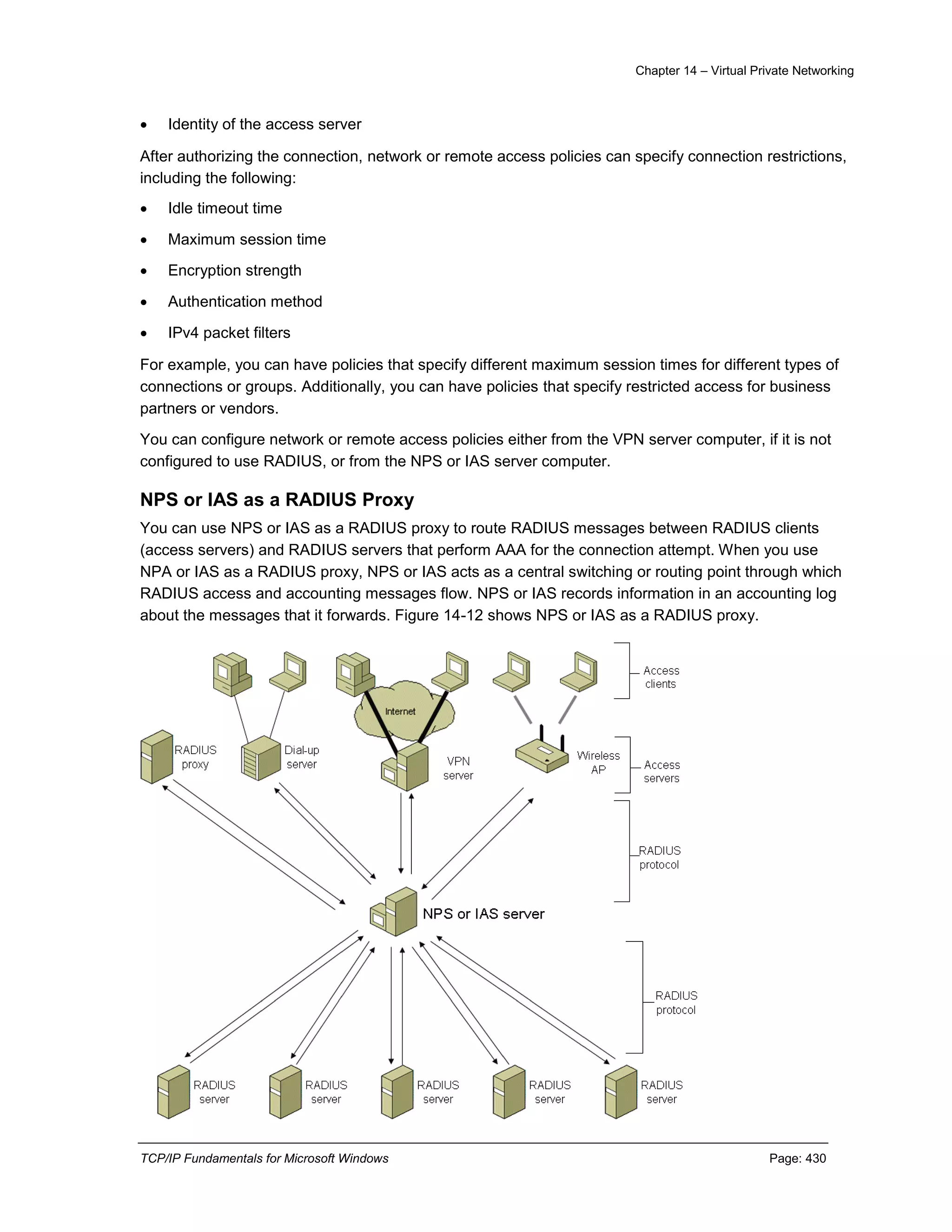 Chapter 14 – Virtual Private Networking
TCP/IP Fundamentals for Microsoft Windows Page: 430
 Identity of the access server
After authorizing the connection, network or remote access policies can specify connection restrictions,
including the following:
 Idle timeout time
 Maximum session time
 Encryption strength
 Authentication method
 IPv4 packet filters
For example, you can have policies that specify different maximum session times for different types of
connections or groups. Additionally, you can have policies that specify restricted access for business
partners or vendors.
You can configure network or remote access policies either from the VPN server computer, if it is not
configured to use RADIUS, or from the NPS or IAS server computer.
NPS or IAS as a RADIUS Proxy
You can use NPS or IAS as a RADIUS proxy to route RADIUS messages between RADIUS clients
(access servers) and RADIUS servers that perform AAA for the connection attempt. When you use
NPA or IAS as a RADIUS proxy, NPS or IAS acts as a central switching or routing point through which
RADIUS access and accounting messages flow. NPS or IAS records information in an accounting log
about the messages that it forwards. Figure 14-12 shows NPS or IAS as a RADIUS proxy.
 