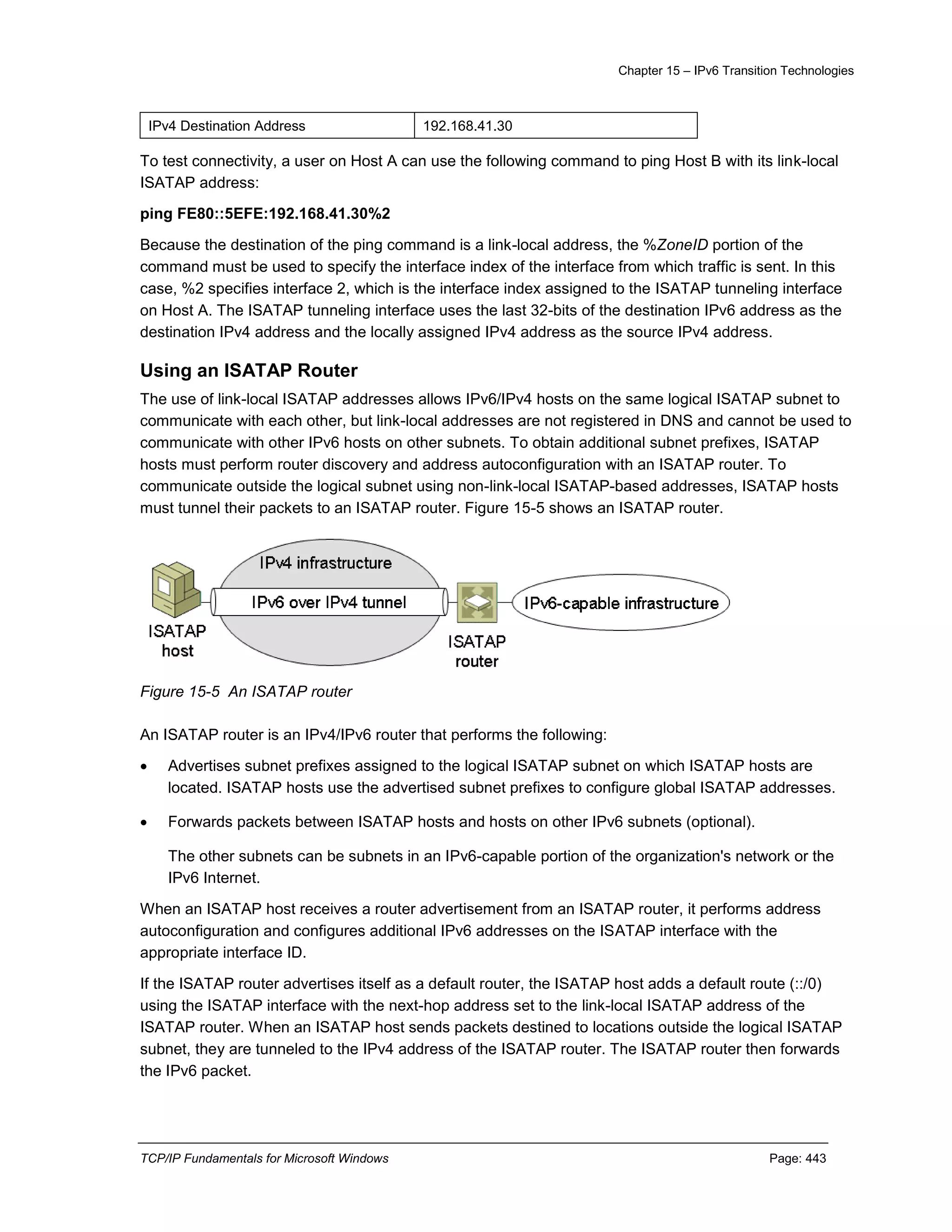 Chapter 15 – IPv6 Transition Technologies
TCP/IP Fundamentals for Microsoft Windows Page: 443
IPv4 Destination Address 192.168.41.30
To test connectivity, a user on Host A can use the following command to ping Host B with its link-local
ISATAP address:
ping FE80::5EFE:192.168.41.30%2
Because the destination of the ping command is a link-local address, the %ZoneID portion of the
command must be used to specify the interface index of the interface from which traffic is sent. In this
case, %2 specifies interface 2, which is the interface index assigned to the ISATAP tunneling interface
on Host A. The ISATAP tunneling interface uses the last 32-bits of the destination IPv6 address as the
destination IPv4 address and the locally assigned IPv4 address as the source IPv4 address.
Using an ISATAP Router
The use of link-local ISATAP addresses allows IPv6/IPv4 hosts on the same logical ISATAP subnet to
communicate with each other, but link-local addresses are not registered in DNS and cannot be used to
communicate with other IPv6 hosts on other subnets. To obtain additional subnet prefixes, ISATAP
hosts must perform router discovery and address autoconfiguration with an ISATAP router. To
communicate outside the logical subnet using non-link-local ISATAP-based addresses, ISATAP hosts
must tunnel their packets to an ISATAP router. Figure 15-5 shows an ISATAP router.
Figure 15-5 An ISATAP router
An ISATAP router is an IPv4/IPv6 router that performs the following:
 Advertises subnet prefixes assigned to the logical ISATAP subnet on which ISATAP hosts are
located. ISATAP hosts use the advertised subnet prefixes to configure global ISATAP addresses.
 Forwards packets between ISATAP hosts and hosts on other IPv6 subnets (optional).
The other subnets can be subnets in an IPv6-capable portion of the organization's network or the
IPv6 Internet.
When an ISATAP host receives a router advertisement from an ISATAP router, it performs address
autoconfiguration and configures additional IPv6 addresses on the ISATAP interface with the
appropriate interface ID.
If the ISATAP router advertises itself as a default router, the ISATAP host adds a default route (::/0)
using the ISATAP interface with the next-hop address set to the link-local ISATAP address of the
ISATAP router. When an ISATAP host sends packets destined to locations outside the logical ISATAP
subnet, they are tunneled to the IPv4 address of the ISATAP router. The ISATAP router then forwards
the IPv6 packet.
 