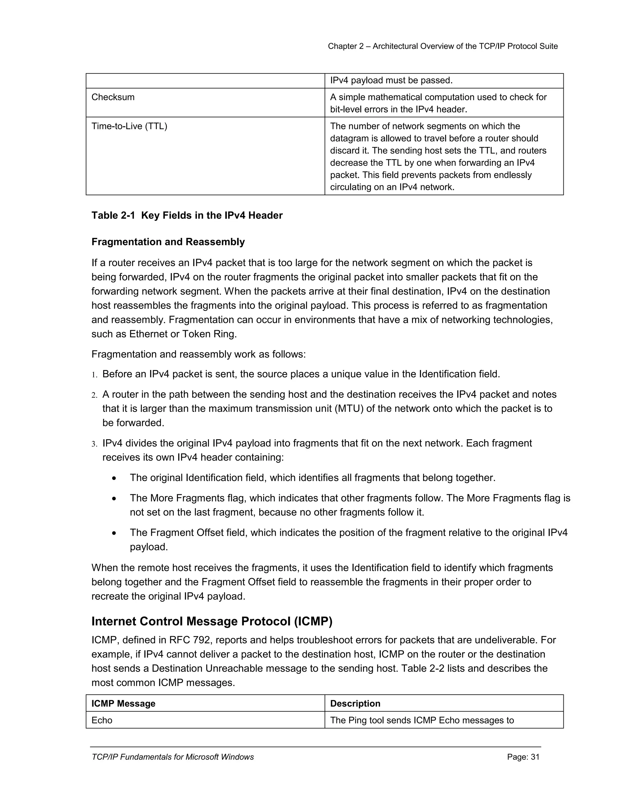 Chapter 2 – Architectural Overview of the TCP/IP Protocol Suite
TCP/IP Fundamentals for Microsoft Windows Page: 31
IPv4 payload must be passed.
Checksum A simple mathematical computation used to check for
bit-level errors in the IPv4 header.
Time-to-Live (TTL) The number of network segments on which the
datagram is allowed to travel before a router should
discard it. The sending host sets the TTL, and routers
decrease the TTL by one when forwarding an IPv4
packet. This field prevents packets from endlessly
circulating on an IPv4 network.
Table 2-1 Key Fields in the IPv4 Header
Fragmentation and Reassembly
If a router receives an IPv4 packet that is too large for the network segment on which the packet is
being forwarded, IPv4 on the router fragments the original packet into smaller packets that fit on the
forwarding network segment. When the packets arrive at their final destination, IPv4 on the destination
host reassembles the fragments into the original payload. This process is referred to as fragmentation
and reassembly. Fragmentation can occur in environments that have a mix of networking technologies,
such as Ethernet or Token Ring.
Fragmentation and reassembly work as follows:
1. Before an IPv4 packet is sent, the source places a unique value in the Identification field.
2. A router in the path between the sending host and the destination receives the IPv4 packet and notes
that it is larger than the maximum transmission unit (MTU) of the network onto which the packet is to
be forwarded.
3. IPv4 divides the original IPv4 payload into fragments that fit on the next network. Each fragment
receives its own IPv4 header containing:
 The original Identification field, which identifies all fragments that belong together.
 The More Fragments flag, which indicates that other fragments follow. The More Fragments flag is
not set on the last fragment, because no other fragments follow it.
 The Fragment Offset field, which indicates the position of the fragment relative to the original IPv4
payload.
When the remote host receives the fragments, it uses the Identification field to identify which fragments
belong together and the Fragment Offset field to reassemble the fragments in their proper order to
recreate the original IPv4 payload.
Internet Control Message Protocol (ICMP)
ICMP, defined in RFC 792, reports and helps troubleshoot errors for packets that are undeliverable. For
example, if IPv4 cannot deliver a packet to the destination host, ICMP on the router or the destination
host sends a Destination Unreachable message to the sending host. Table 2-2 lists and describes the
most common ICMP messages.
ICMP Message Description
Echo The Ping tool sends ICMP Echo messages to
 