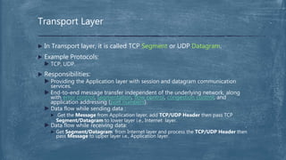  In Transport layer, it is called TCP Segment or UDP Datagram.
 Example Protocols:
 TCP, UDP.
 Responsibilities:
 Providing the Application layer with session and datagram communication
services.
 End-to-end message transfer independent of the underlying network, along
with error control, segmentation, flow control, congestion control, and
application addressing (port numbers).
 Data flow while sending data :
 Get the Message from Application layer, add TCP/UDP Header then pass TCP
Segment/Datagram to lower layer i.e., Internet layer.
 Data flow while receiving data:
 Get Segment/Datagram from Internet layer and process the TCP/UDP Header then
pass Message to upper layer i.e., Application layer.
Transport Layer
 