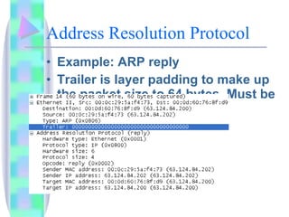 Address Resolution Protocol Example: ARP reply Trailer is layer padding to make up the packet size to 64 bytes. Must be all zero 