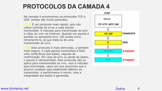 PROTOCOLOS DA CAMADA 4
Na camada 4 encontramos os protocolos TCP e
UDP. Ambos são muito parecidos.
UDP: É um protocolo mai...