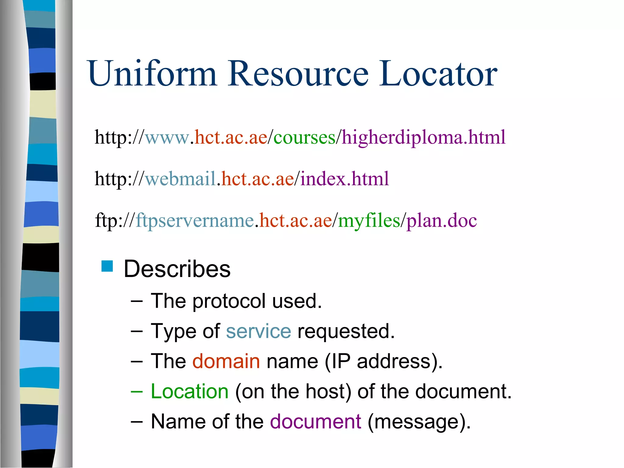 Uniform Resource Locator
 Describes
– The protocol used.
– Type of service requested.
– The domain name (IP address).
– Location (on the host) of the document.
– Name of the document (message).
http://www.hct.ac.ae/courses/higherdiploma.html
http://webmail.hct.ac.ae/index.html
ftp://ftpservername.hct.ac.ae/myfiles/plan.doc
 