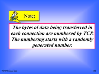 TCP/IP Protocol Suite 101
The bytes of data being transferred in
each connection are numbered by TCP.
The numbering starts with a randomly
generated number.
Note:
 