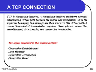 TCP/IP Protocol Suite 110
A TCP CONNECTION
TCP is connection-oriented. A connection-oriented transport protocol
establishes a virtual path between the source and destination. All of the
segments belonging to a message are then sent over this virtual path. A
connection-oriented transmission requires three phases: connection
establishment, data transfer, and connection termination.
The topics discussed in this section include:
Connection Establishment
Data Transfer
Connection Termination
Connection Reset
 
