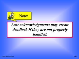 TCP/IP Protocol Suite 148
Lost acknowledgments may create
deadlock if they are not properly
handled.
Note:
 