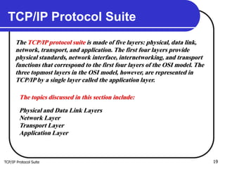 TCP/IP Protocol Suite 19
TCP/IP Protocol Suite
The TCP/IP protocol suite is made of five layers: physical, data link,
network, transport, and application. The first four layers provide
physical standards, network interface, internetworking, and transport
functions that correspond to the first four layers of the OSI model. The
three topmost layers in the OSI model, however, are represented in
TCP/IP by a single layer called the application layer.
The topics discussed in this section include:
Physical and Data Link Layers
Network Layer
Transport Layer
Application Layer
 