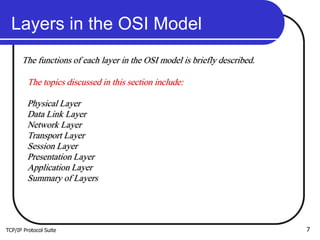 TCP/IP Protocol Suite 7
Layers in the OSI Model
The functions of each layer in the OSI model is briefly described.
The topics discussed in this section include:
Physical Layer
Data Link Layer
Network Layer
Transport Layer
Session Layer
Presentation Layer
Application Layer
Summary of Layers
 