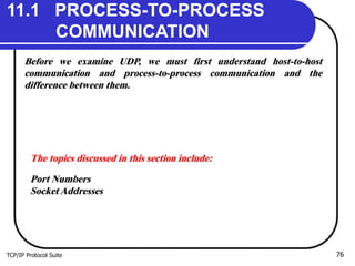 TCP/IP Protocol Suite 76
11.1 PROCESS-TO-PROCESS
COMMUNICATION
Before we examine UDP, we must first understand host-to-host
communication and process-to-process communication and the
difference between them.
The topics discussed in this section include:
Port Numbers
Socket Addresses
 