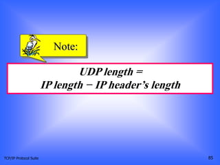 TCP/IP Protocol Suite 85
UDP length =
IP length − IP header’s length
Note:
 