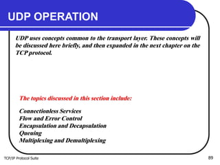 TCP/IP Protocol Suite 89
UDP OPERATION
UDP uses concepts common to the transport layer. These concepts will
be discussed here briefly, and then expanded in the next chapter on the
TCP protocol.
The topics discussed in this section include:
Connectionless Services
Flow and Error Control
Encapsulation and Decapsulation
Queuing
Multiplexing and Demultiplexing
 