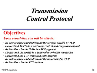 TCP/IP Protocol Suite 93
Upon completion you will be able to:
Transmission
Control Protocol
• Be able to name and understand the services offered by TCP
• Understand TCP’s flow and error control and congestion control
• Be familiar with the fields in a TCP segment
• Understand the phases in a connection-oriented connection
• Understand the TCP transition state diagram
• Be able to name and understand the timers used in TCP
• Be familiar with the TCP options
Objectives
 