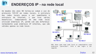 ENDEREÇOS IP - na rede local
Em meados dos anos 90 tornou-se comum o uso do
protocolo TCP/IP em redes locais. A estrutura
das redes locais passa a ser semelhante à
estrutura da Internet, o que traz vários
benefícios. Computadores de uma rede local
utilizam endereços IP, porém com uma diferença:
normalmente usam endereços IP internos, que são
válidos apenas na rede local.
12Índice
OBS: Note como numa rede local os computadores usam
endereços “parecidos”. Esta é uma regra a ser
seguida.
www.ticmania.net
 