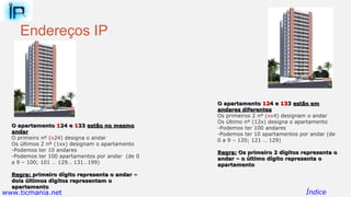 Endereços IP
O apartamentoO apartamento 1124 e24 e 113333 estão no mesmoestão no mesmo
andarandar
O primeiro nº (x24) designa o andar
Os últimos 2 nº (1xx) designam o apartamento
-Podemos ter 10 andares
-Podemos ter 100 apartamentos por andar (de 0
a 9 – 100; 101 … 129… 131…199)
Regra:Regra: primeiro dígito representa o andar –primeiro dígito representa o andar –
dois últimos dígitos representam odois últimos dígitos representam o
apartamentoapartamento
O apartamentoO apartamento 12124 e4 e 131333 estão emestão em
andares diferentesandares diferentes
Os primeiros 2 nº (xx4) designam o andar
Os último nº (12x) designa o apartamento
-Podemos ter 100 andares
-Podemos ter 10 apartamentos por andar (de
0 a 9 – 120; 121 … 129)
Regra:Regra: Os primeiro 2 dígitos representa oOs primeiro 2 dígitos representa o
andar – o último dígito representa oandar – o último dígito representa o
apartamentoapartamento
Índicewww.ticmania.net
 