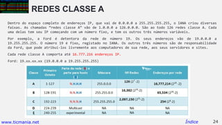 REDES CLASSE A
Dentro do espaço completo de endereços IP, que vai de 0.0.0.0 a 255.255.255.255, o IANA criou diversas
faixas. As chamadas “redes classe A” vão de 1.0.0.0 a 126.0.0.0. São ao todo 126 redes classe A. Cada
uma delas tem seu IP começando com um número fixo, e tem os outros três números variáveis.
Por exemplo, a Ford é detentora da rede de número 19. Os seus endereços vão de 19.0.0.0 a
19.255.255.255. O número 19 é fixo, registado no IANA. Os outros três números são de responsabilidade
da Ford, que pode atribuí-los livremente aos computadores de sua rede, aos seus servidores e sites.
Cada rede classe A comporta até 16.777.216 endereços IP.
Ford: 19.xx.xx.xx (19.0.0.0 a 19.255.255.255)
24Índicewww.ticmania.net
 