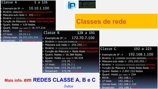 Classes de rede
Índice
Mais info. em REDES CLASSE A, B e C
 