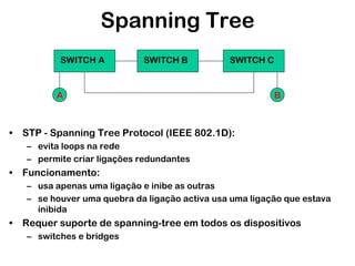Spanning Tree
SWITCH A

SWITCH B

SWITCH C

A

B

• STP - Spanning Tree Protocol (IEEE 802.1D):
– evita loops na rede
– permite criar ligações redundantes

• Funcionamento:
– usa apenas uma ligação e inibe as outras
– se houver uma quebra da ligação activa usa uma ligação que estava
inibida

• Requer suporte de spanning-tree em todos os dispositivos
– switches e bridges

 