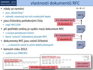 NSWI021 1/13
Rodina protokolů TCP/IP
NSWI045 2/13
Rodina protokolů TCP/IP vlastnosti dokumentů RFC
• nikdy se nemění
• jsou „Read-Only“
• výhoda: neexistují od nich neaktuální kopie
• jsou číslovány pořadovými čísly
• např. RFC1234
• při potřebě změny je vydán nový dokument RFC
• s novým pořadovým číslem
• který “zastará” (obsoletes) původní RFC
• dokumenty RFC jsou volně šiřitelné
• …. a skutečně volně (a velmi dobře) dostupné
• koncem roku 2012:
• vydáno cca 7000 RFC
RFC A
RFC B
RFC C
A is obsoleted by B
B obsoletes A
B is obsoleted by C
C obsoletes B
A < B < C
RFC1060 obsoletes RFC 1010
není uvedeno
„obsoleted by“
 