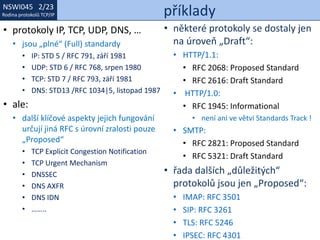 NSWI021 1/23
Rodina protokolů TCP/IP
NSWI045 2/23
Rodina protokolů TCP/IP příklady
• některé protokoly se dostaly jen
na úroveň „Draft“:
• HTTP/1.1:
• RFC 2068: Proposed Standard
• RFC 2616: Draft Standard
• HTTP/1.0:
• RFC 1945: Informational
• není ani ve větvi Standards Track !
• SMTP:
• RFC 2821: Proposed Standard
• RFC 5321: Draft Standard
• řada dalších „důležitých“
protokolů jsou jen „Proposed“:
• IMAP: RFC 3501
• SIP: RFC 3261
• TLS: RFC 5246
• IPSEC: RFC 4301
• protokoly IP, TCP, UDP, DNS, …
• jsou „plné“ (Full) standardy
• IP: STD 5 / RFC 791, září 1981
• UDP: STD 6 / RFC 768, srpen 1980
• TCP: STD 7 / RFC 793, září 1981
• DNS: STD13 /RFC 1034|5, listopad 1987
• ale:
• další klíčové aspekty jejich fungování
určují jiná RFC s úrovní zralosti pouze
„Proposed“
• TCP Explicit Congestion Notification
• TCP Urgent Mechanism
• DNSSEC
• DNS AXFR
• DNS IDN
• ……..
 