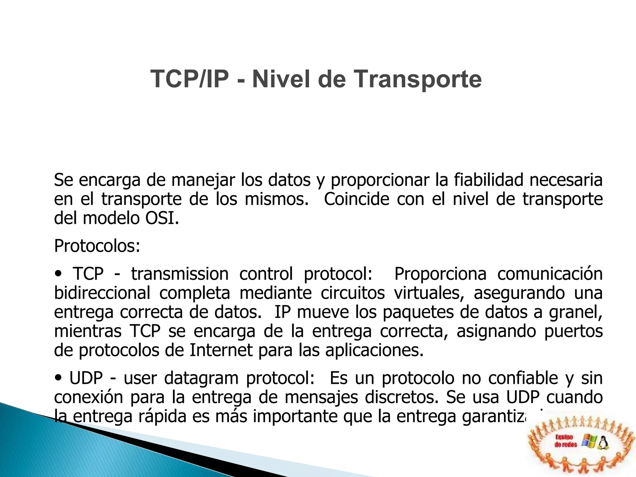 Se encarga de manejar los datos y proporcionar la fiabilidad necesaria en el transporte de los mismos.  Coincide con el nivel de transporte del modelo OSI. Protocolos: TCP - transmission control protocol:  Proporciona comunicación bidireccional completa mediante circuitos virtuales, asegurando una entrega correcta de datos.  IP mueve los paquetes de datos a granel, mientras TCP se encarga de la entrega correcta, asignando puertos de protocolos de Internet para las aplicaciones. UDP - user datagram protocol:  Es un protocolo no confiable y sin conexión para la entrega de mensajes discretos. Se usa UDP cuando la entrega rápida es más importante que la entrega garantizada. TCP/IP - Nivel de Transporte 