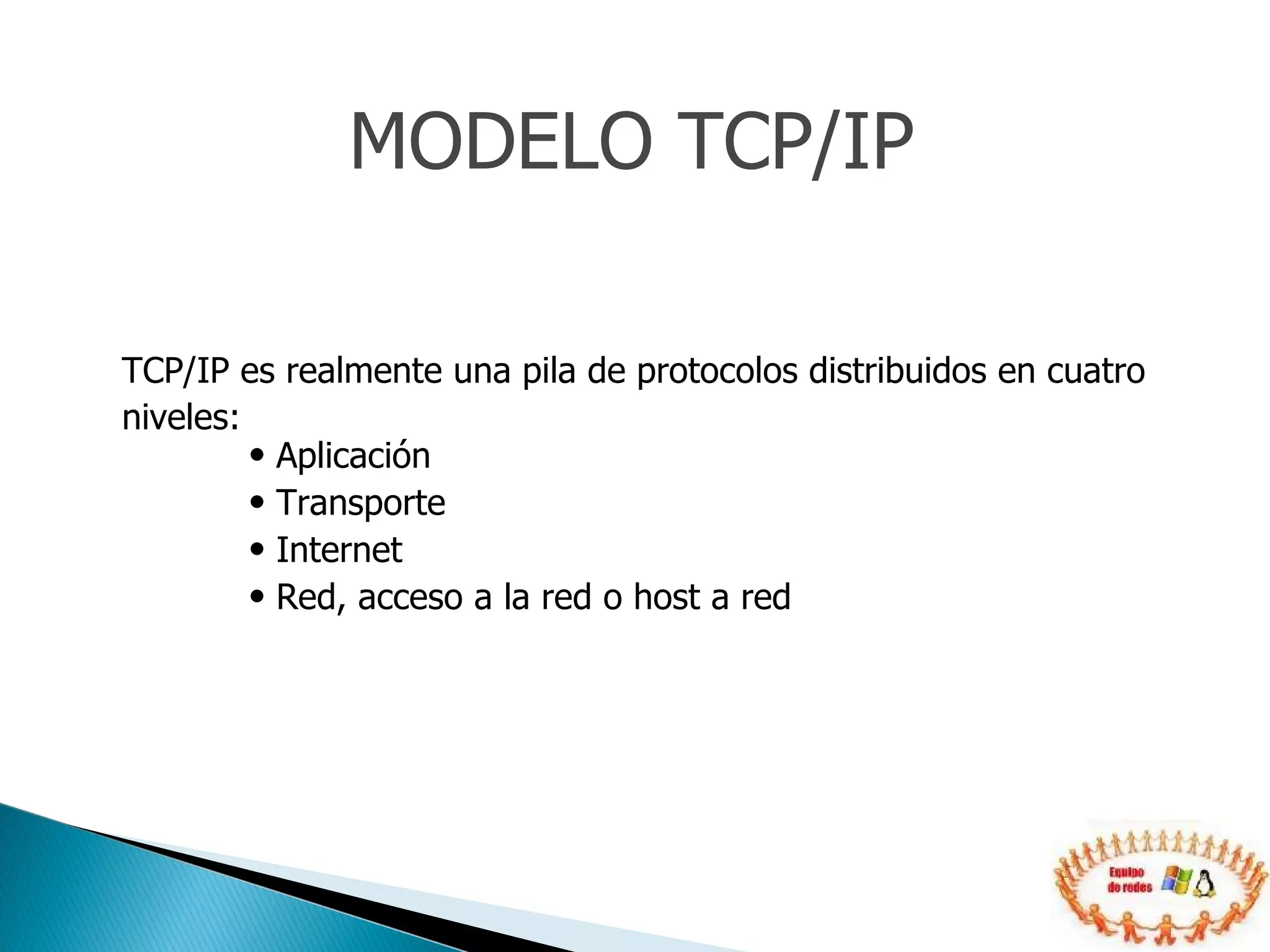 TCP/IP es realmente una pila de protocolos distribuidos en cuatro niveles: Aplicación Transporte Internet Red, acceso a la red o host a red  MODELO TCP/IP 