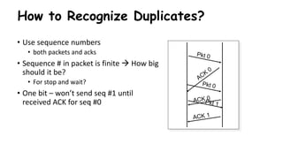 How to Recognize Duplicates?
• Use sequence numbers
• both packets and acks
• Sequence # in packet is finite  How big
should it be?
• For stop and wait?
• One bit – won’t send seq #1 until
received ACK for seq #0
 