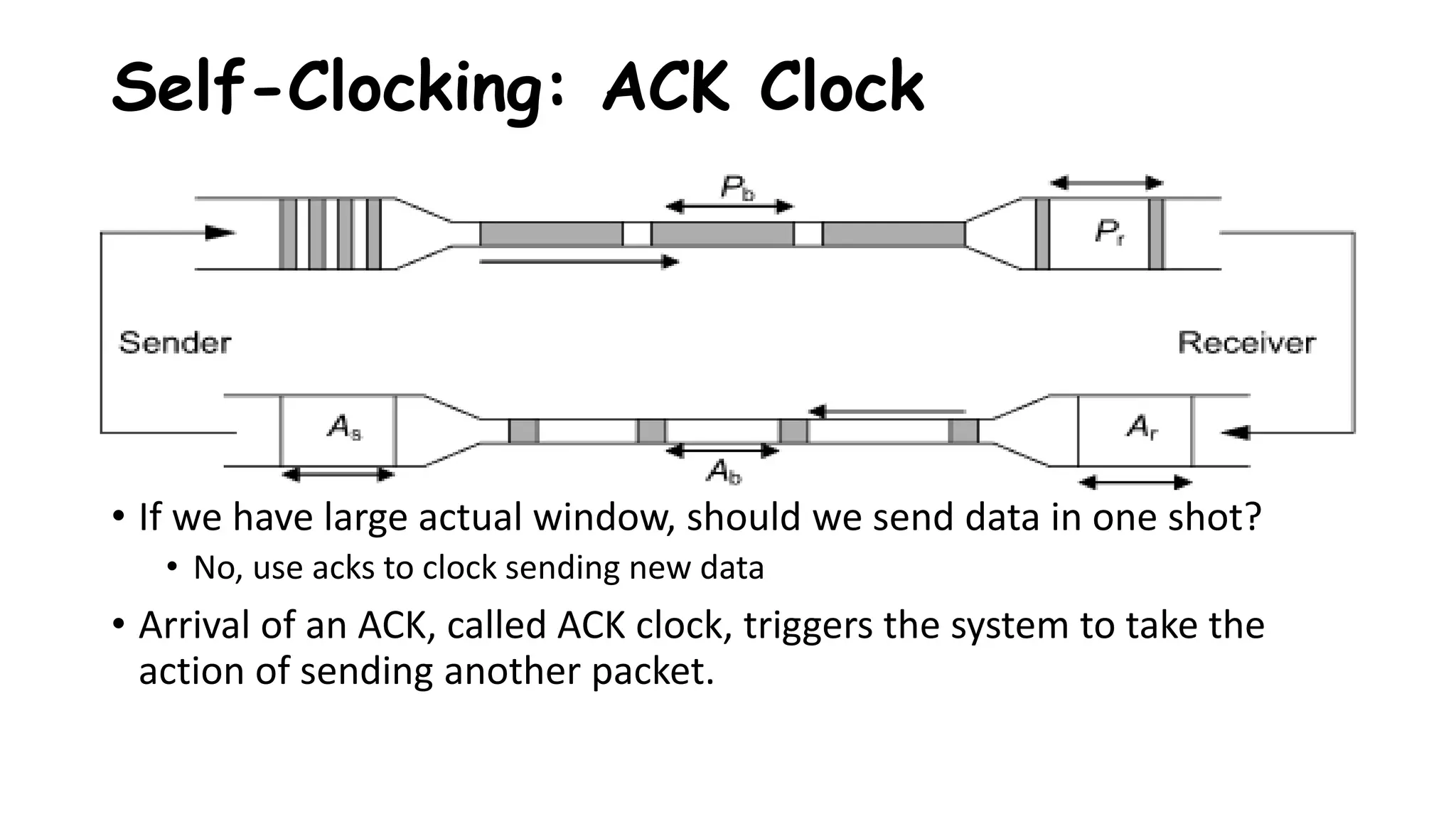 • If we have large actual window, should we send data in one shot?
• No, use acks to clock sending new data
• Arrival of an ACK, called ACK clock, triggers the system to take the
action of sending another packet.
Self-Clocking: ACK Clock
 