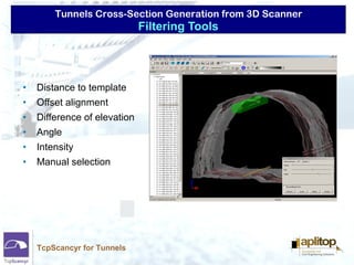 Tunnels Cross-Section Generation from 3D Scanner
TcpScancyr for Tunnels
• Distance to template
• Offset alignment
• Difference of elevation
• Angle
• Intensity
• Manual selection
Filtering Tools
 